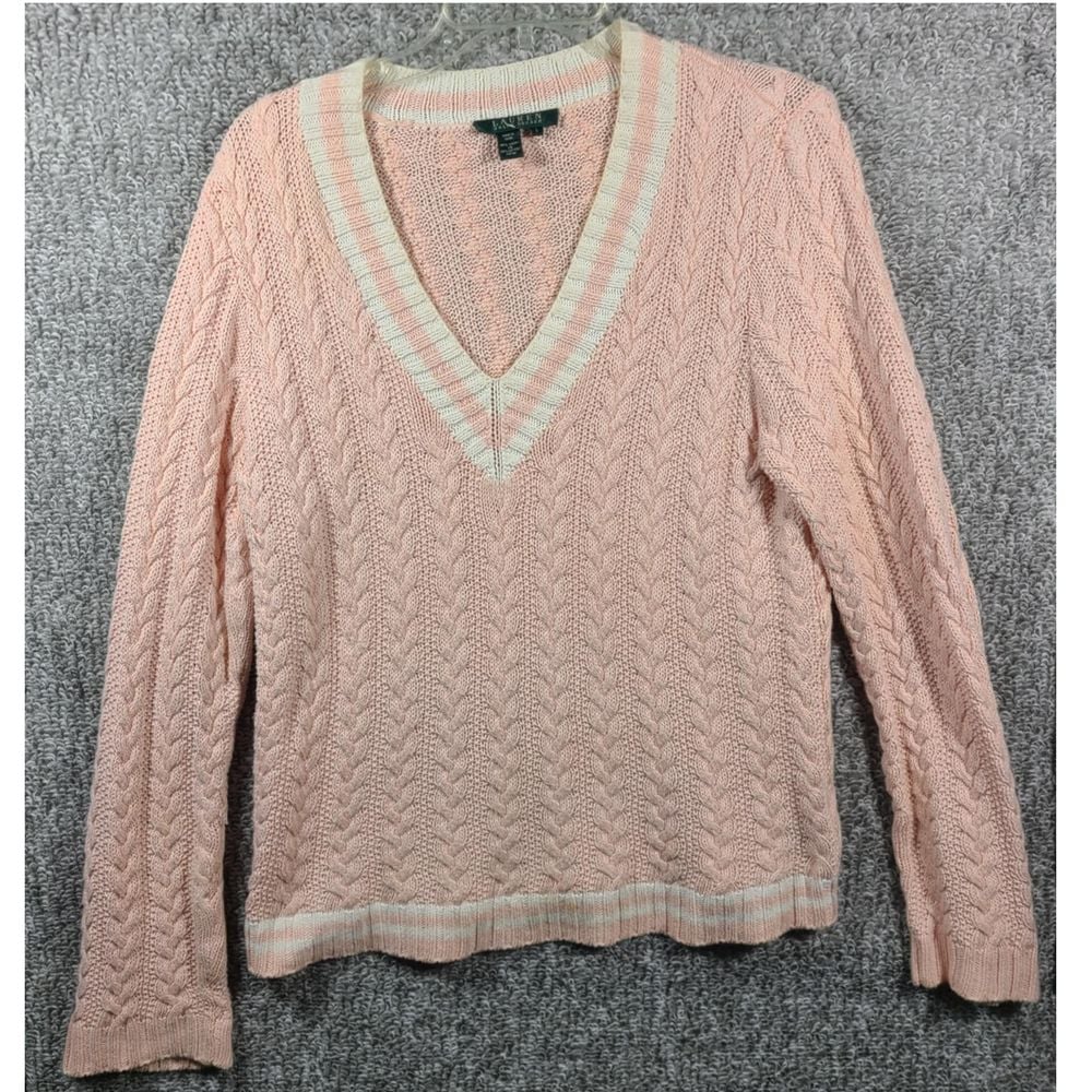 Lauren Ralph Lauren Pink Cable Knit V-Neck Sweater Linen Cotton Blend Size L