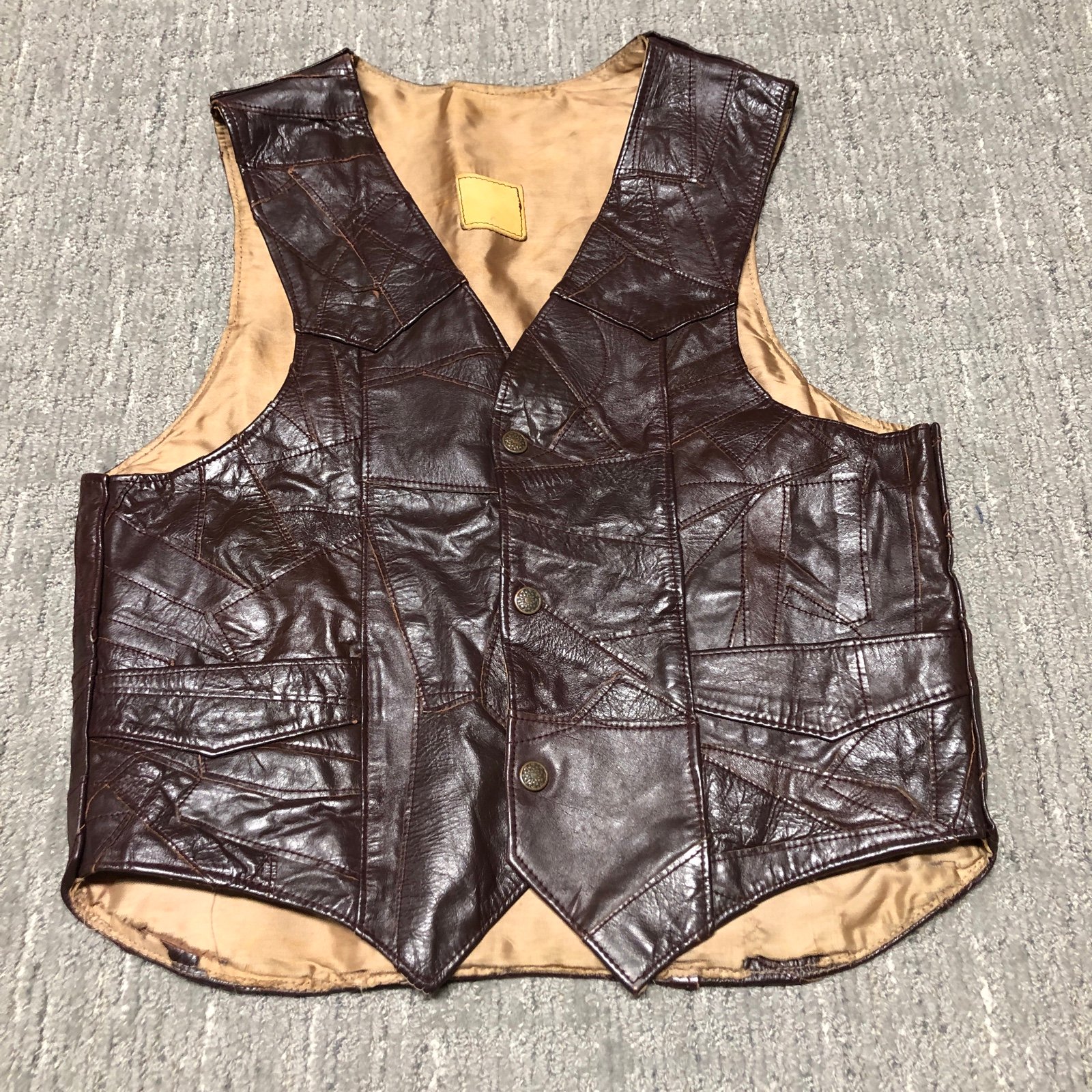Vintage 70s Leather Patchwork Biker Vest Men’s Size 40 Brown Western Cowboy