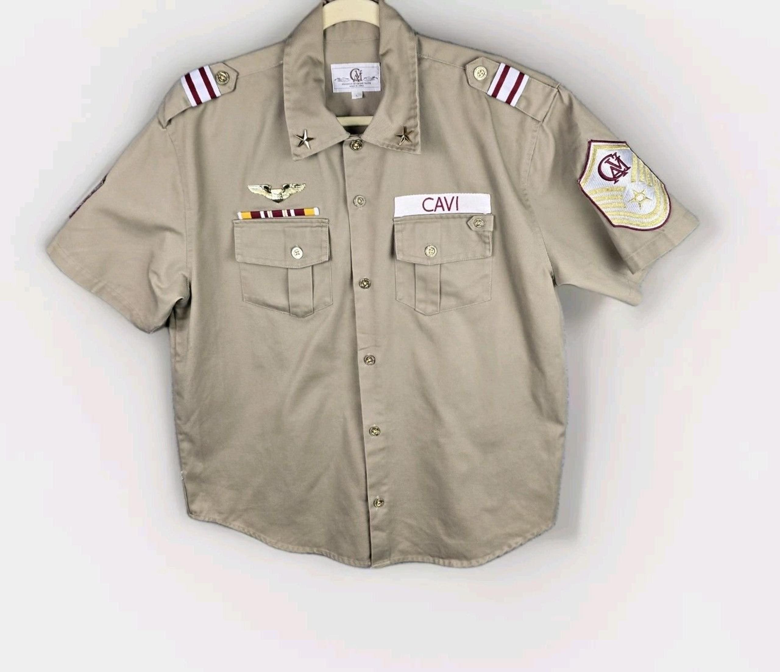 CAVI Shirt Mens Large Miliary Style Brown Pockets Insignia