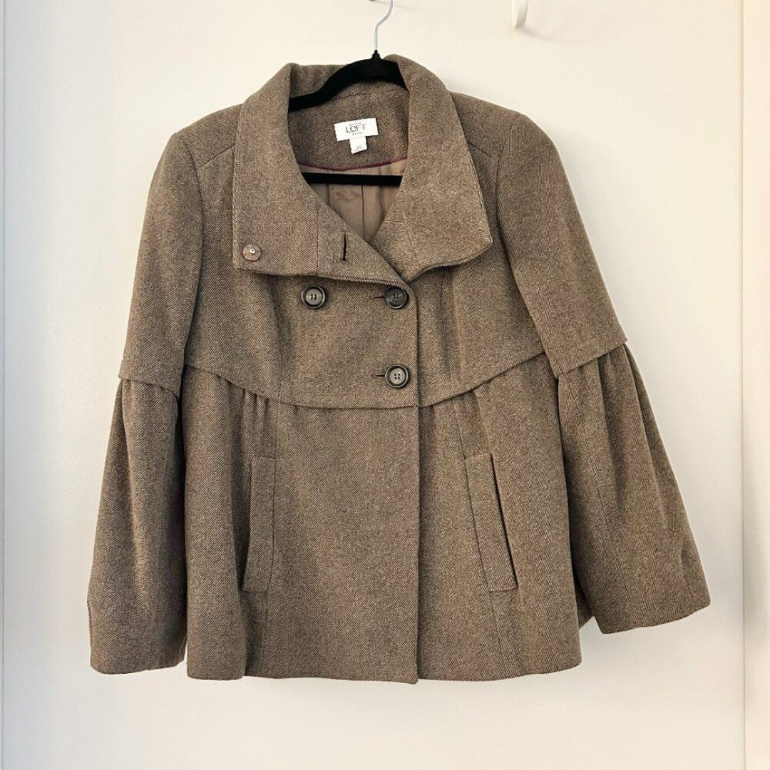 Loft Brown Double Breast Peplum Wool Short Peacoat Size 6 Petite