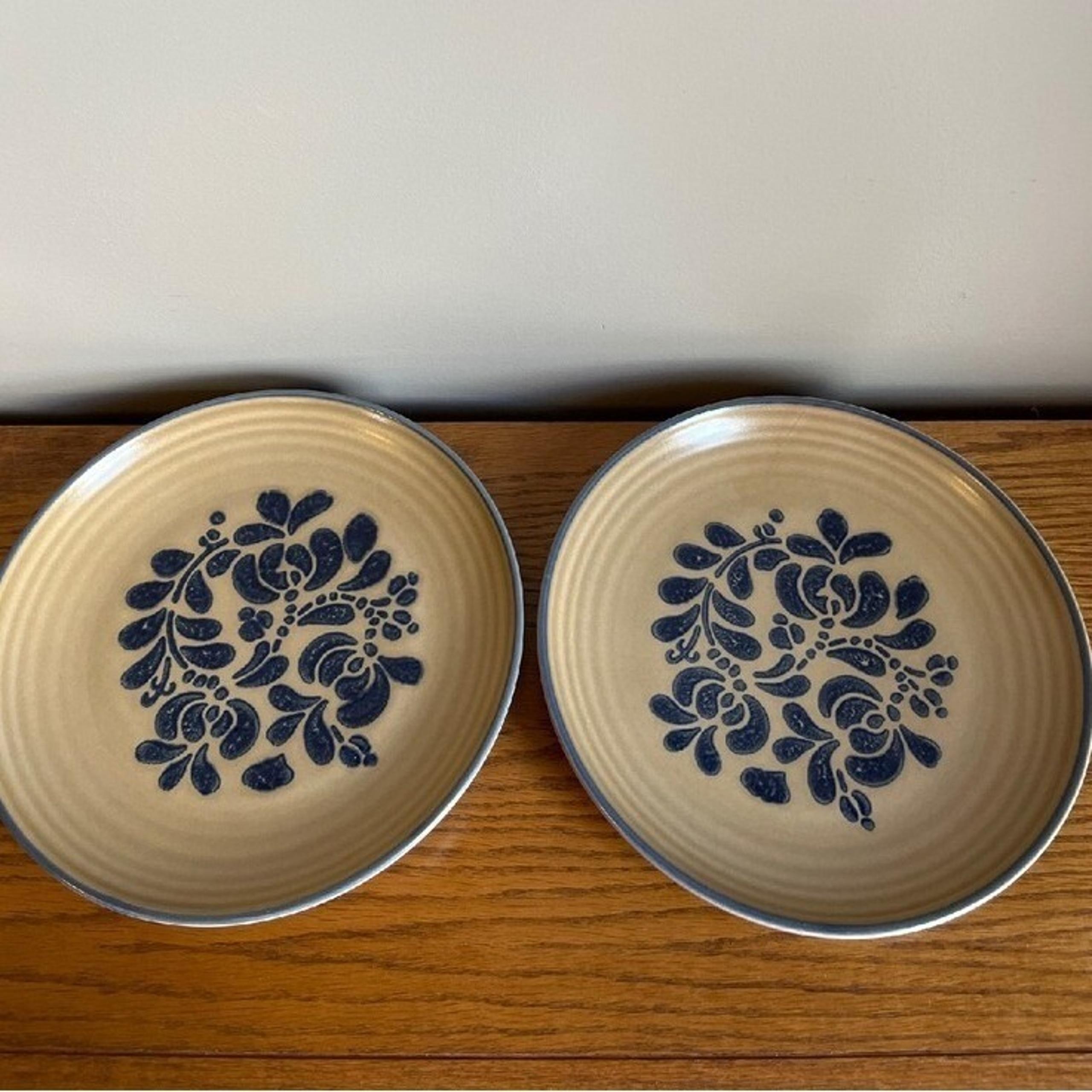 Lot of 2 Pfaltzgraff Vintage Folk Art Pottery 10" Dinner Plates USA Tan Blue