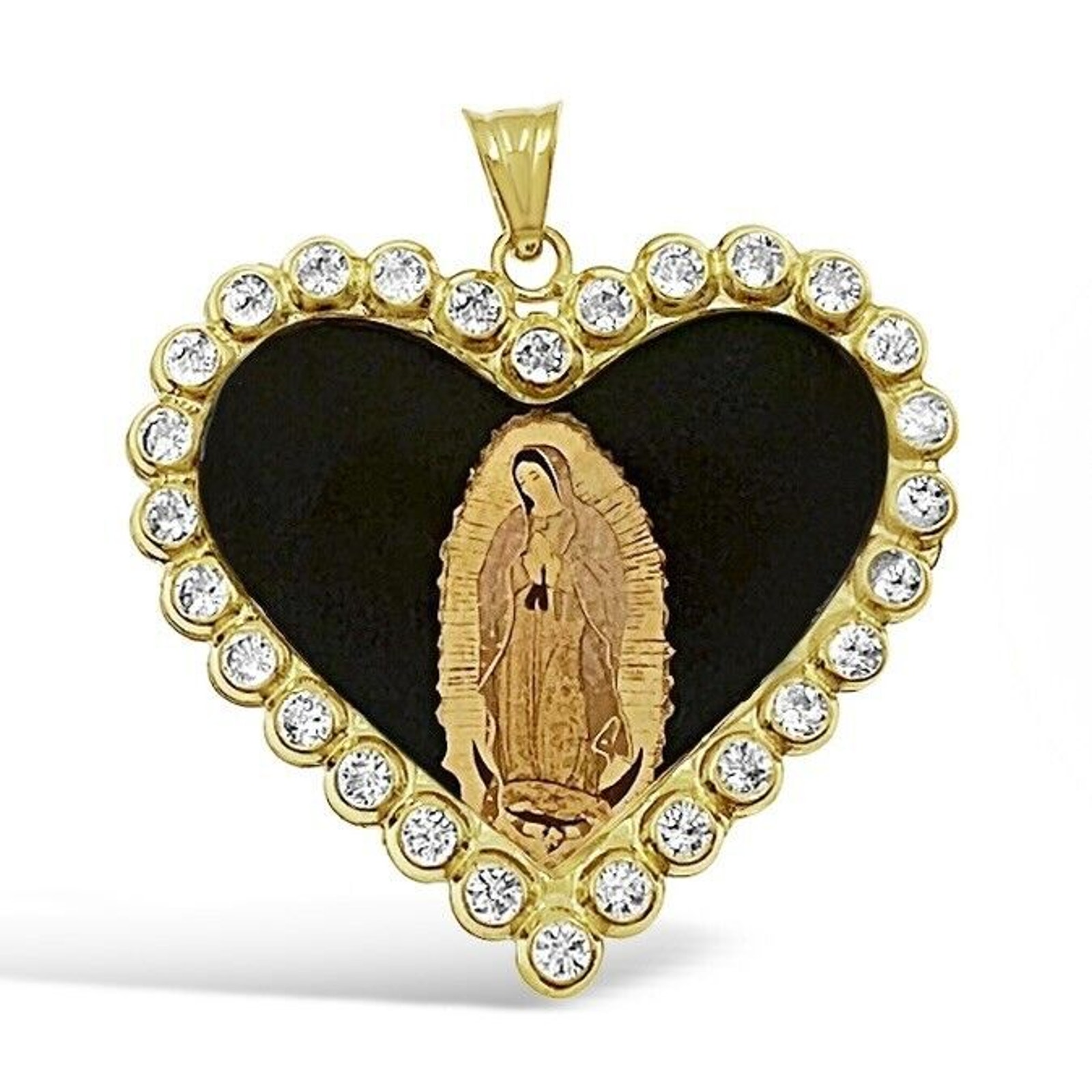 14k Yellow Gold Virgin Mary Pendant Lady Guadalupe Charm Heart 1.2