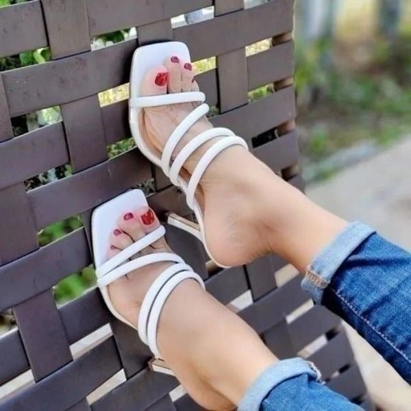 White Square Toe Padded Strappy Heel Sandals