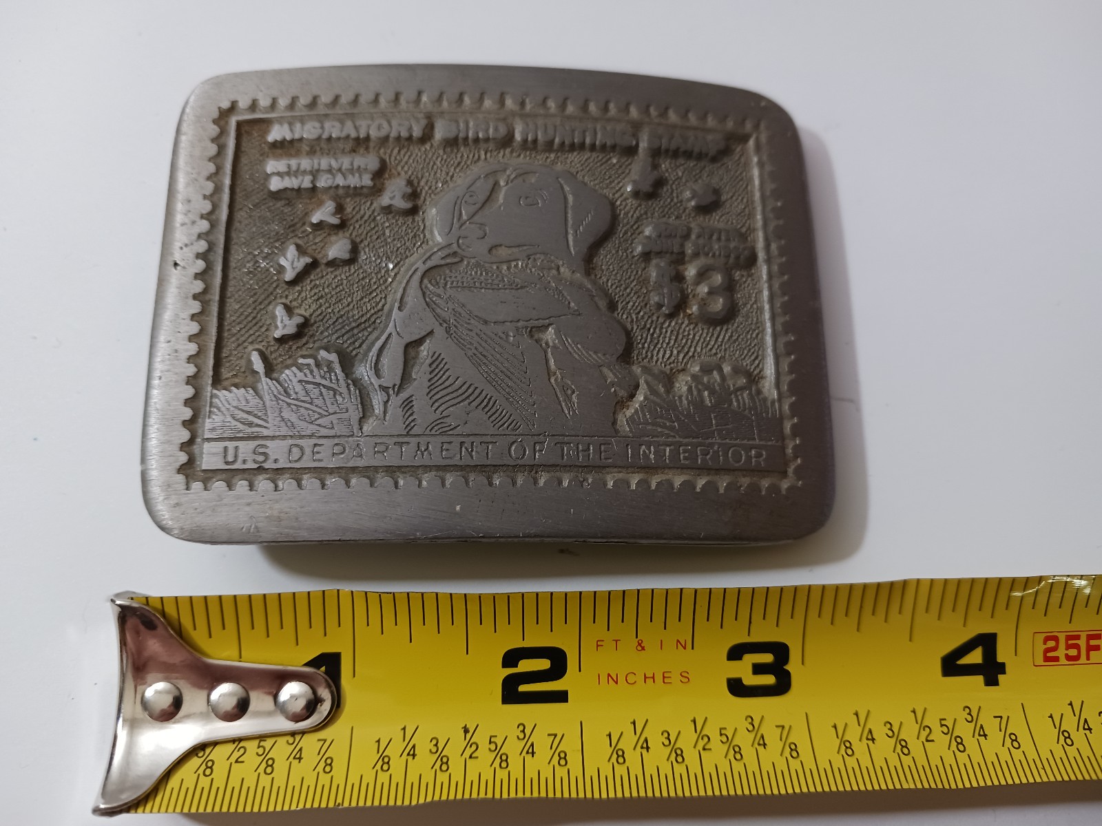 Vintage 1970s Pewter LE Belt Buckle 3 Migratory Bird Hunting Stamp W Retriever