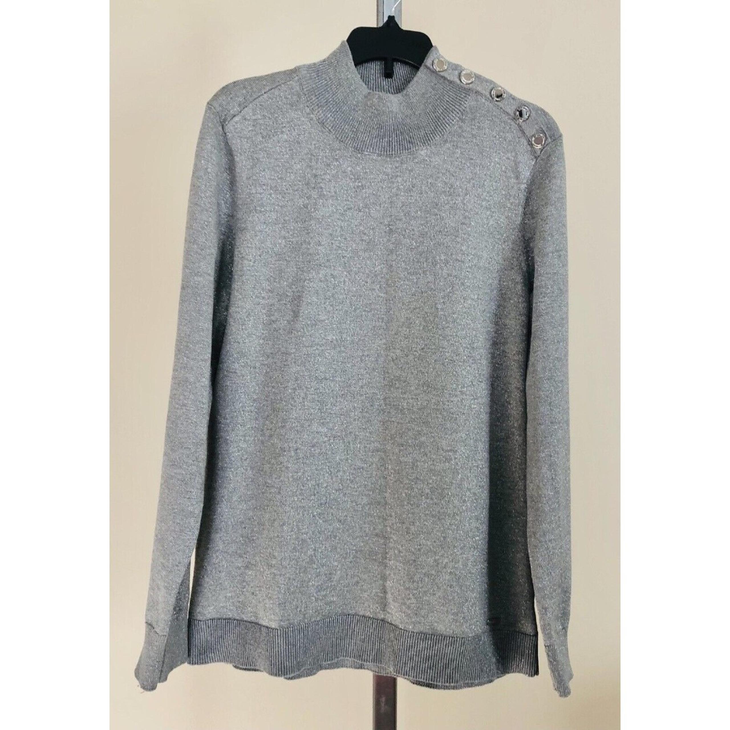 CALVIN KLEIN WOMEN'S KNIT GREY METALLIC LONG SLEEVES SWEATER MONCK NECK SIZE M