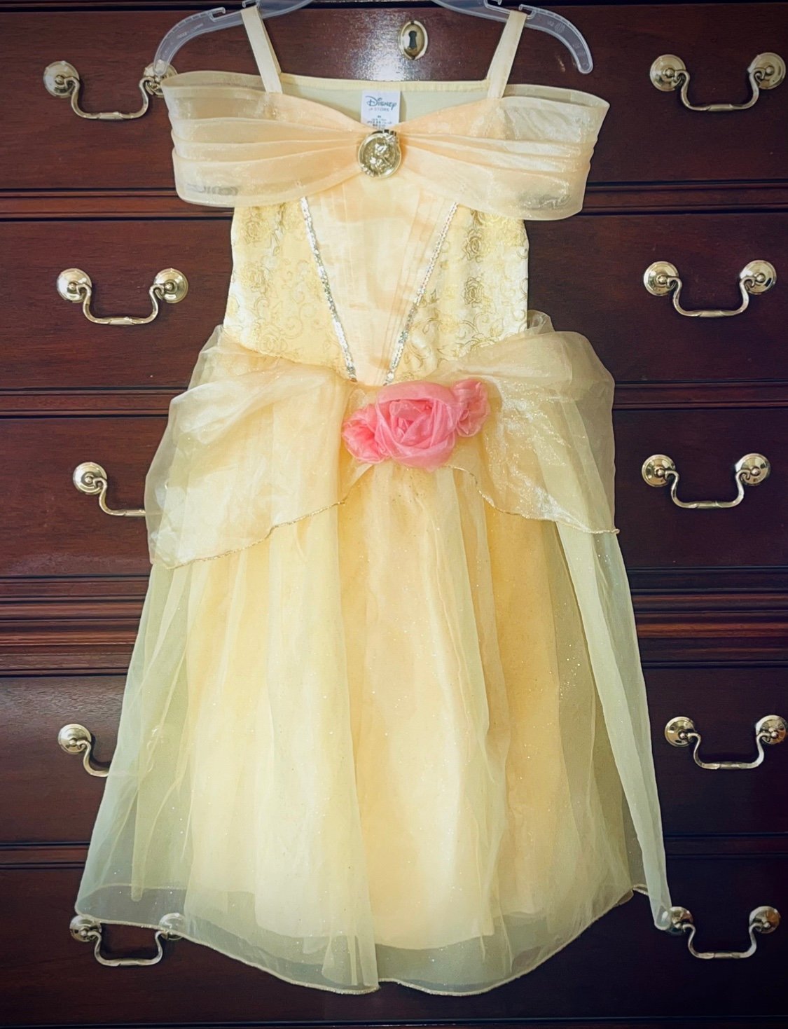 DISNEY STORE Girls PRINCESS BEAUTY BELLE Sparkly GOLDEN DRESS COSTUME sz 5/6
