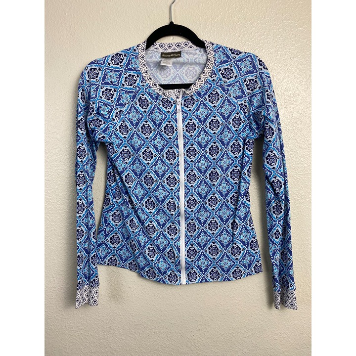 Tommy Bahama Tika Tiles Long-Sleeve Full-Zip Rashguard Swimwear Women Small Blue
