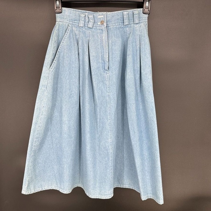 Vtg Koret City Blues Pleated Midi Skirt Blue Denim Pockets Front Zip Size 10
