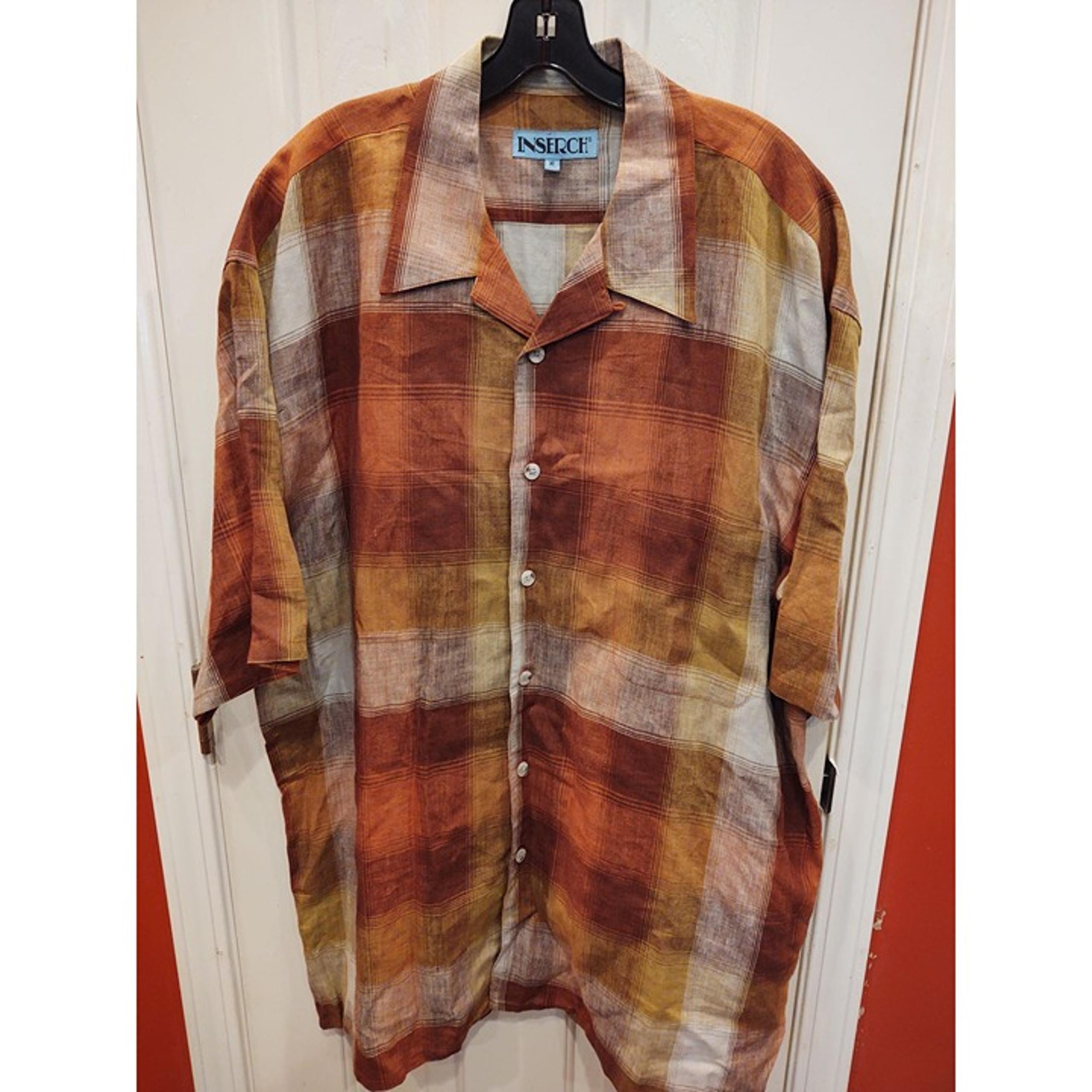 Inserch 100% Linen Mens Shirt Brown Plaid XL Short Sleeve Button Up Pocket