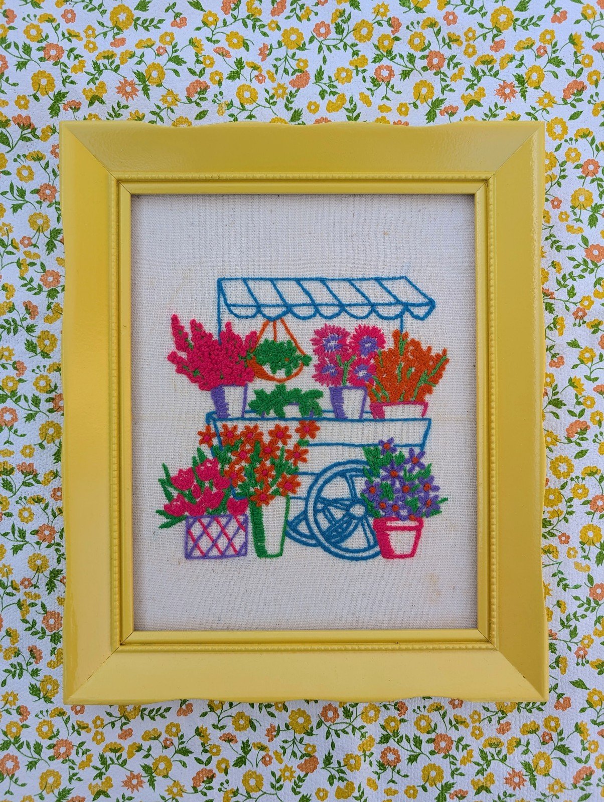 Vintage Vibrant Flower Cart Crewel 1960s 1970s Art