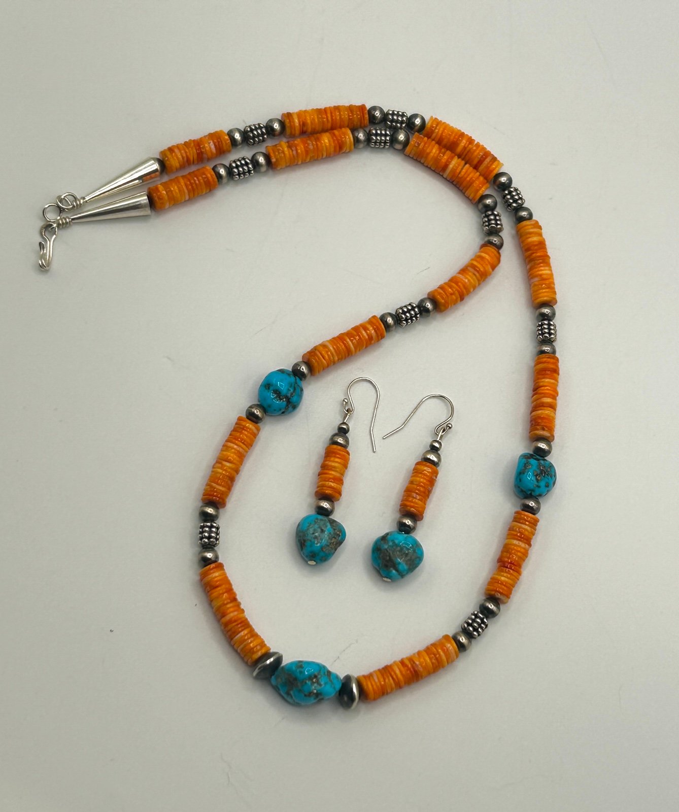 Orange Spiny Oyster Shell + Morenci Turquoise Sterling Silver Navajo Pearl set
