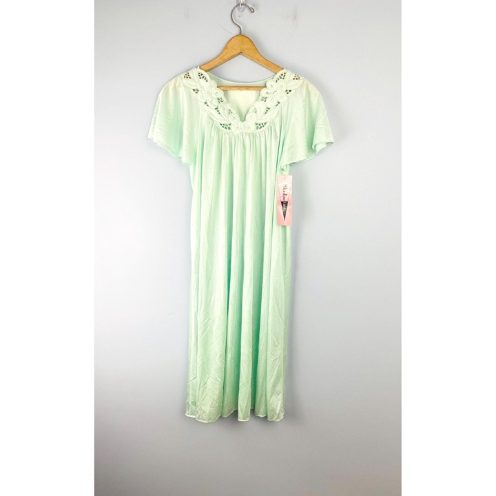 Vintage NWT Shadowline Satin Lustre Nightgown Lace Detail, Size S, Mint Green