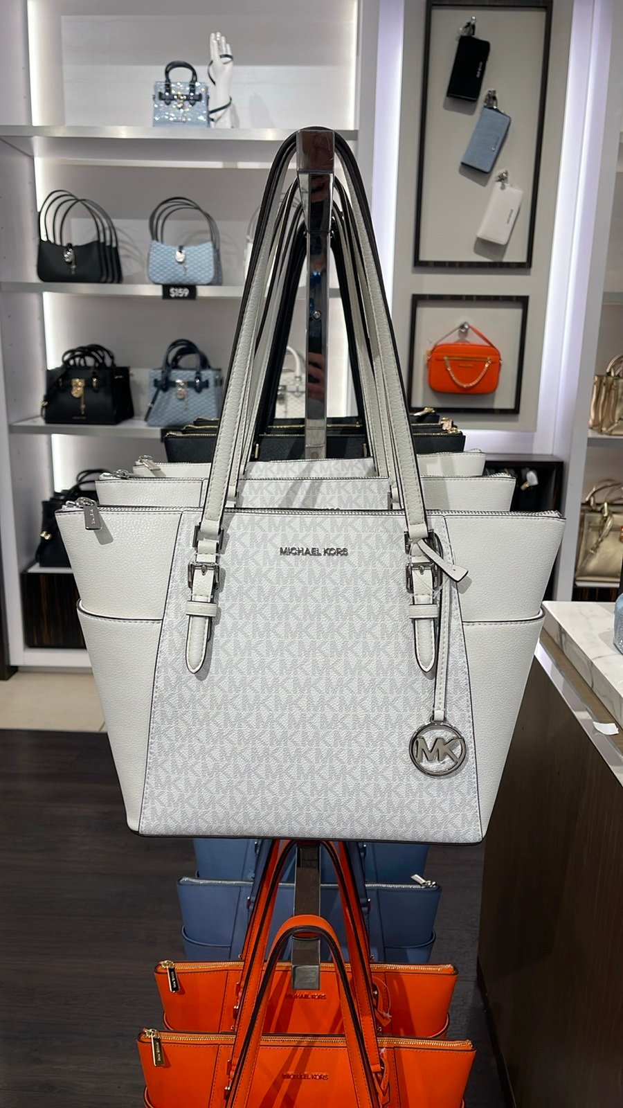 Michael Kors Charlotte Large Logo and Leather Top-Zip Tote Bag Optic White NWT