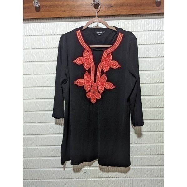 Misook Women's Black Orange Looping Soutache Trim Long Sleeves Knit Tunic Large