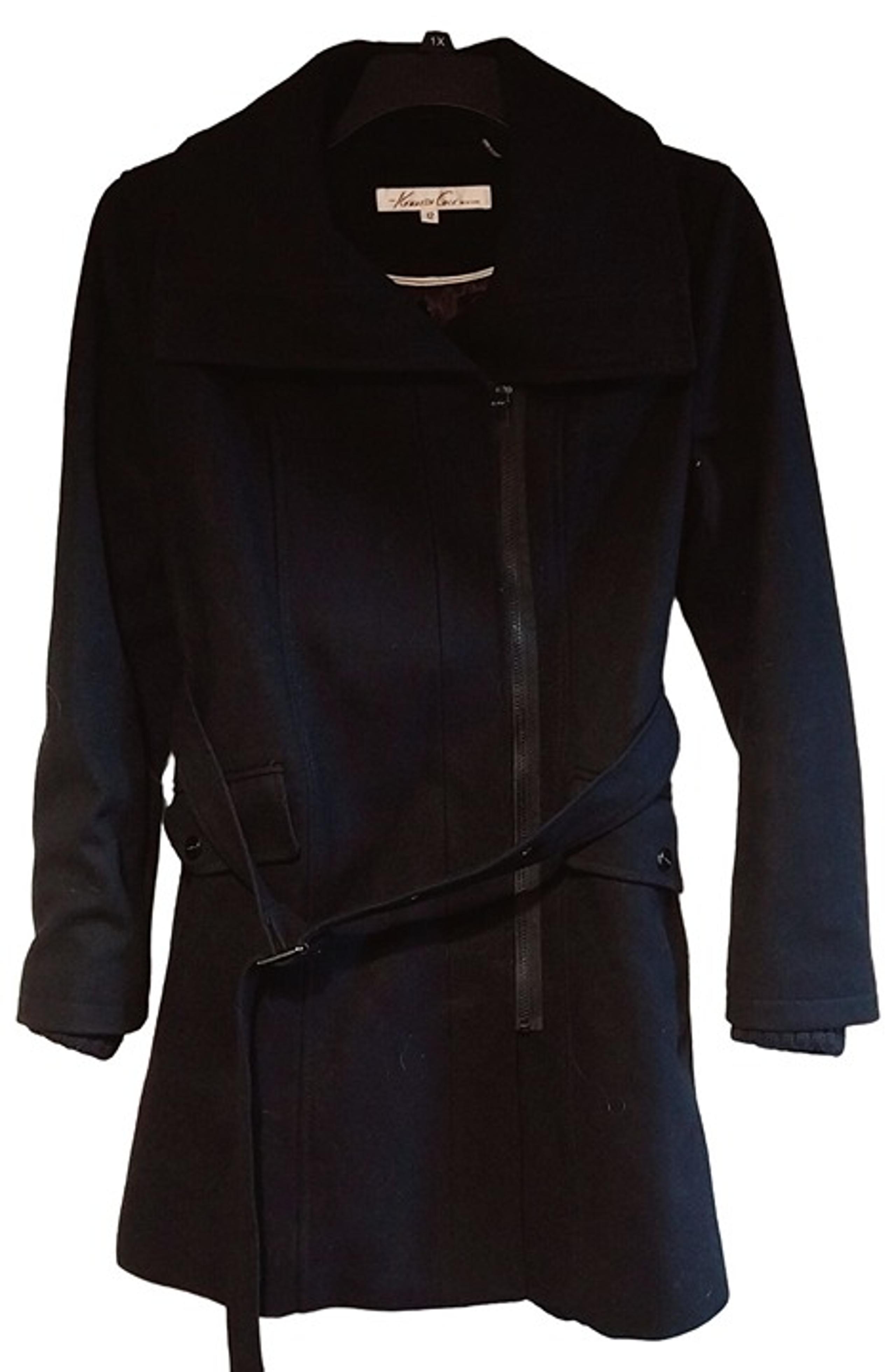 Kenneth Cole Womens Black Wool Blend Belted Coat Size 12 With Knit Cuffs & Zip C