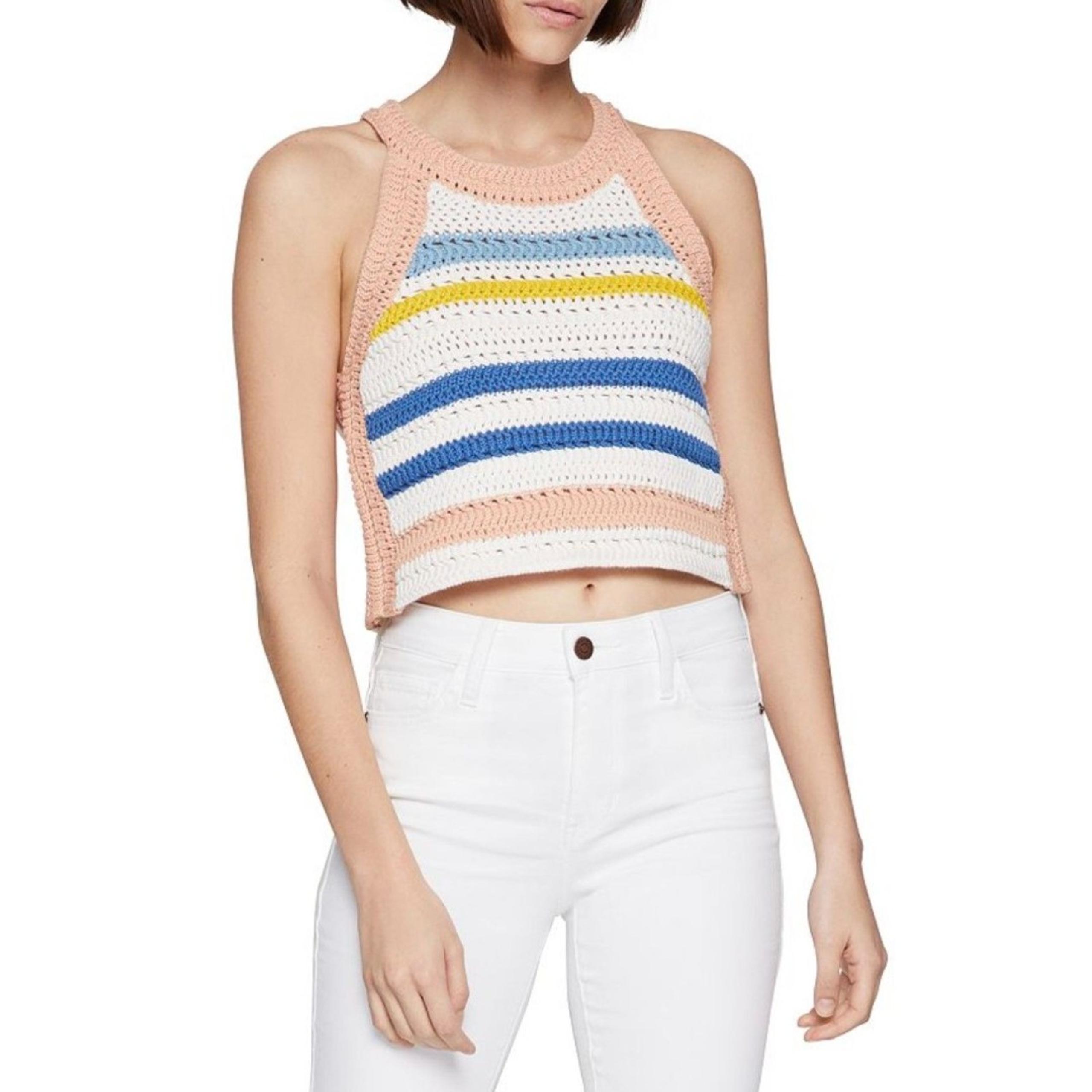 NWOT BCBG Crochet Sleeveless Boho Striped White Pink Crop Top Womens Small