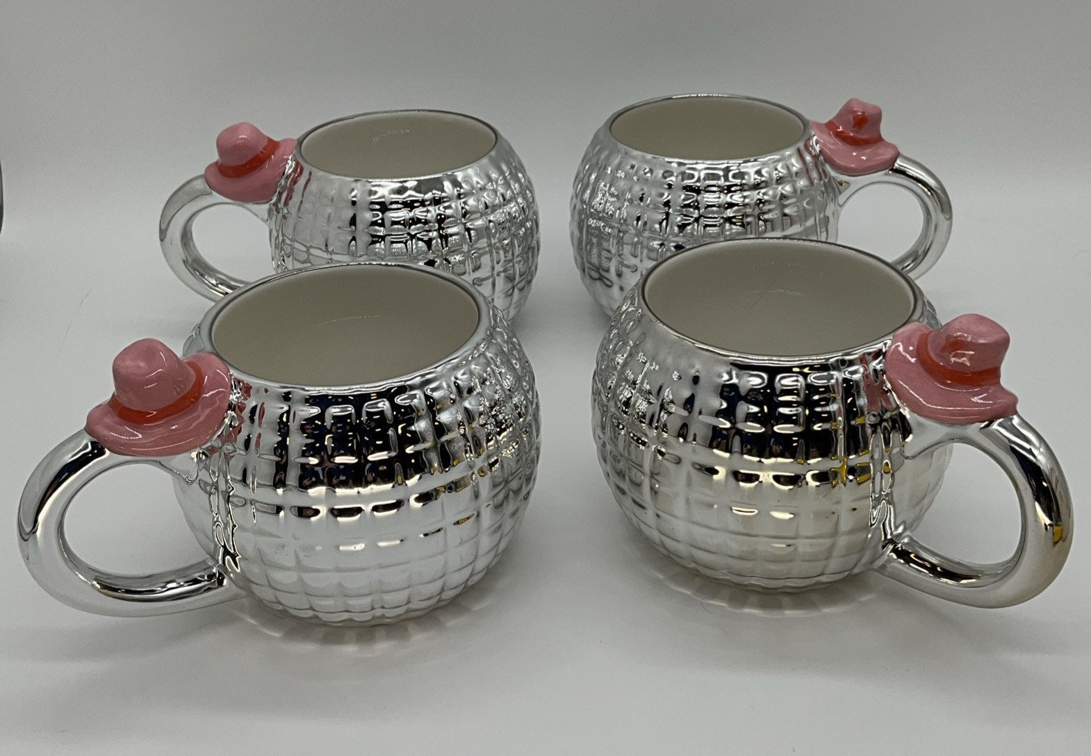 New Boston Warehouse Mirrorball Disco Ball Pink Texas Cowgirl Hat Mug. Set of 4