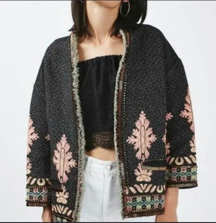 TOPSHOP Beaded Tapestry Open Front Jacket Coat Multicolor Fringe Gorgeous Sz 8