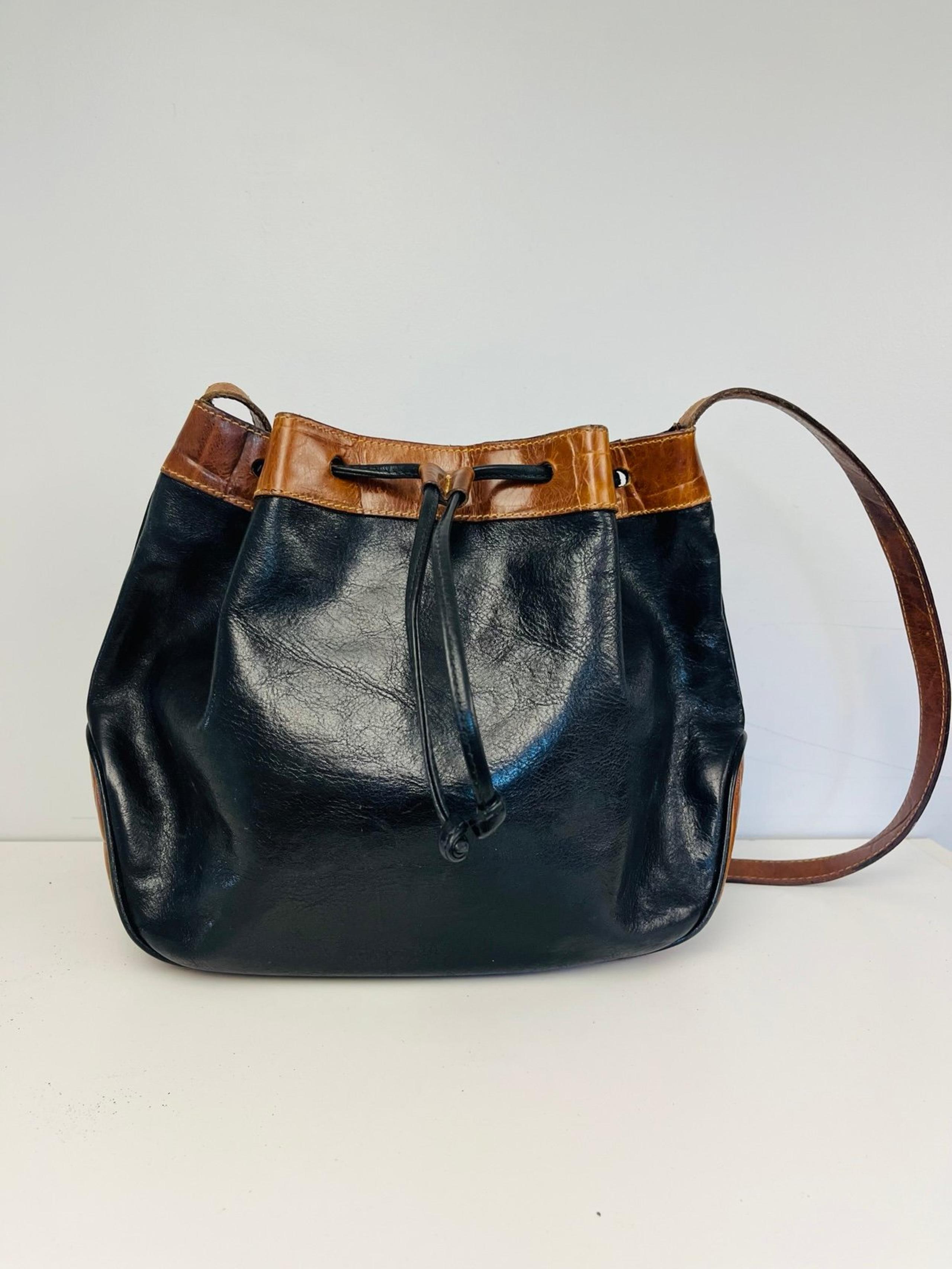 Vintage Black and Brown FURLA Drawstring Crossbody Bag