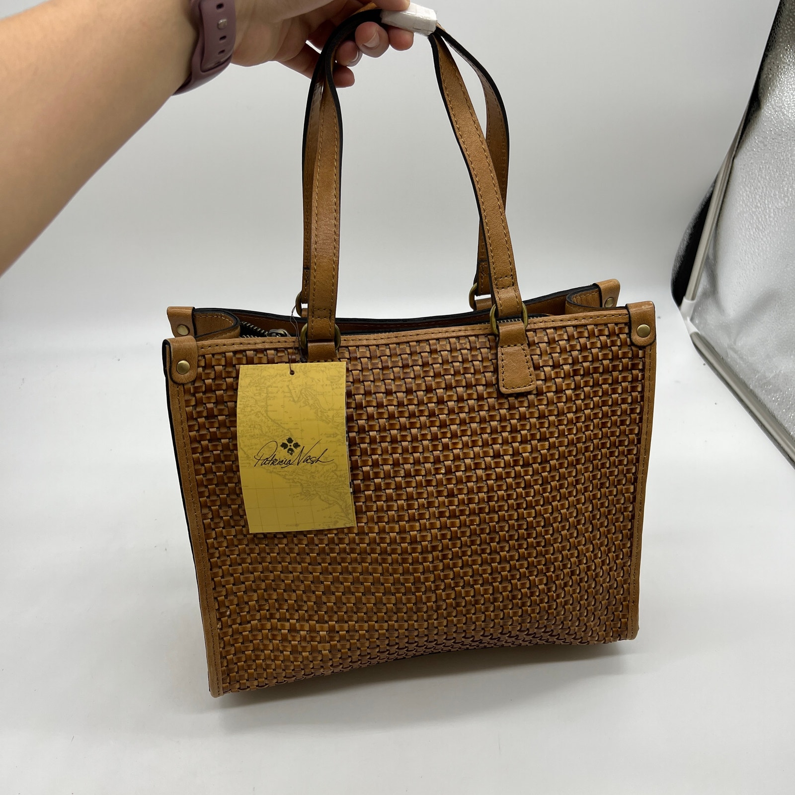Patricia Nash Leather Ava Medium Tote with Crossbody Strap Brown Sand Woven