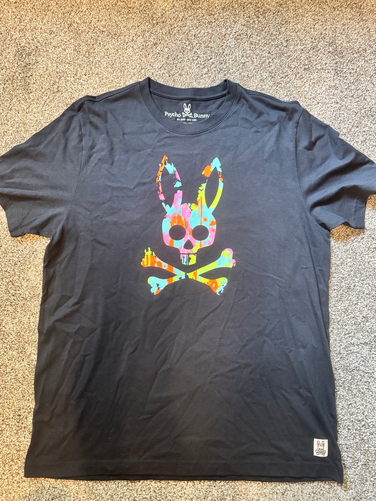 Psycho Bunny Logo Graphic T-Shirt Black Paint Splatter Skull 100% Pima Size 6 L