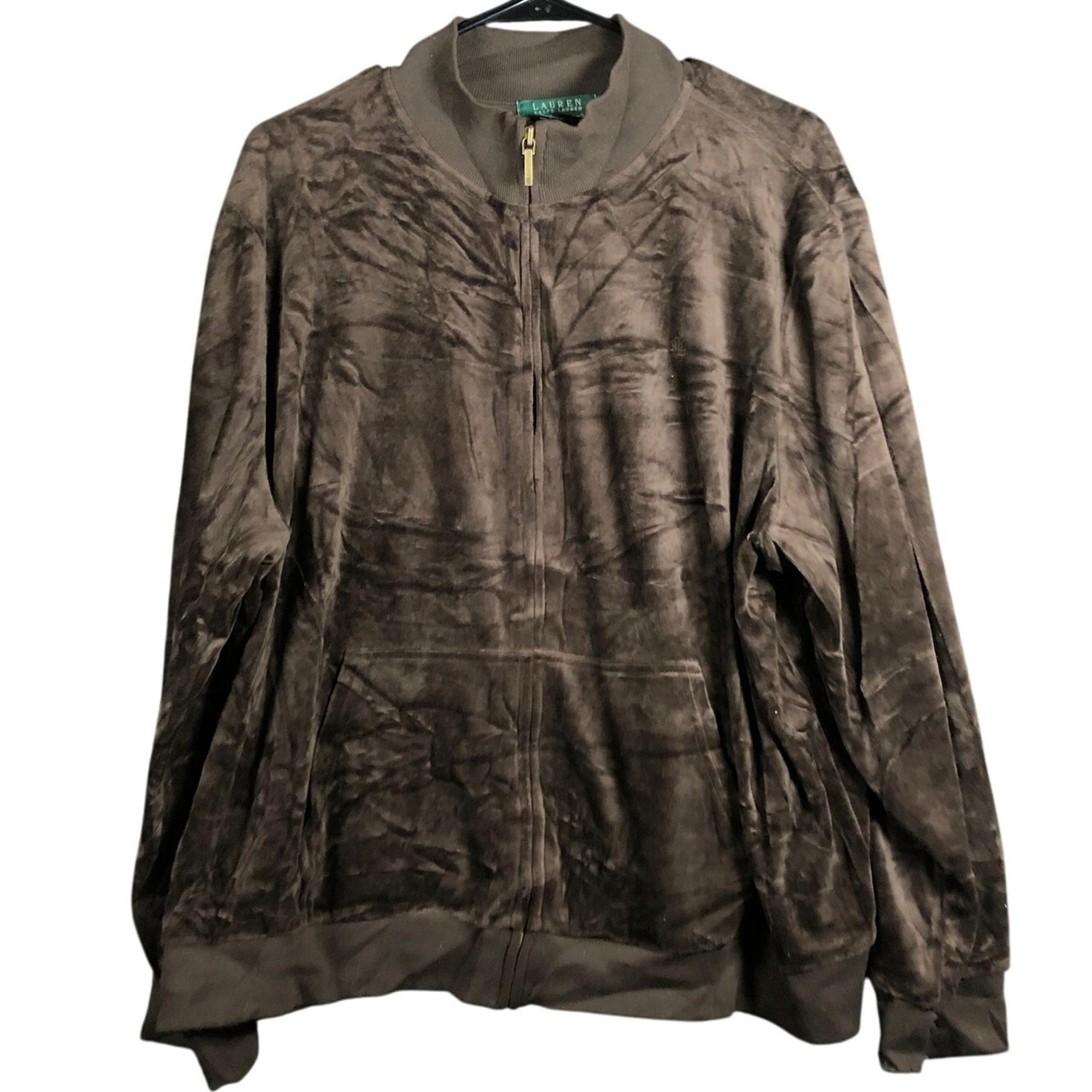 Ralph Lauren Womens Sweater Brown Velvet Full Zip Cotton Blend Pockets Large