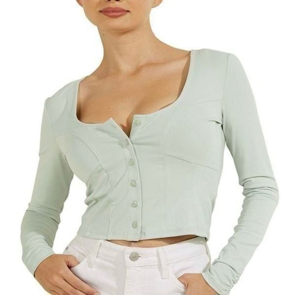 NWT Guess AMORI BUTTON UP TOP in Aloe Palm green size L
