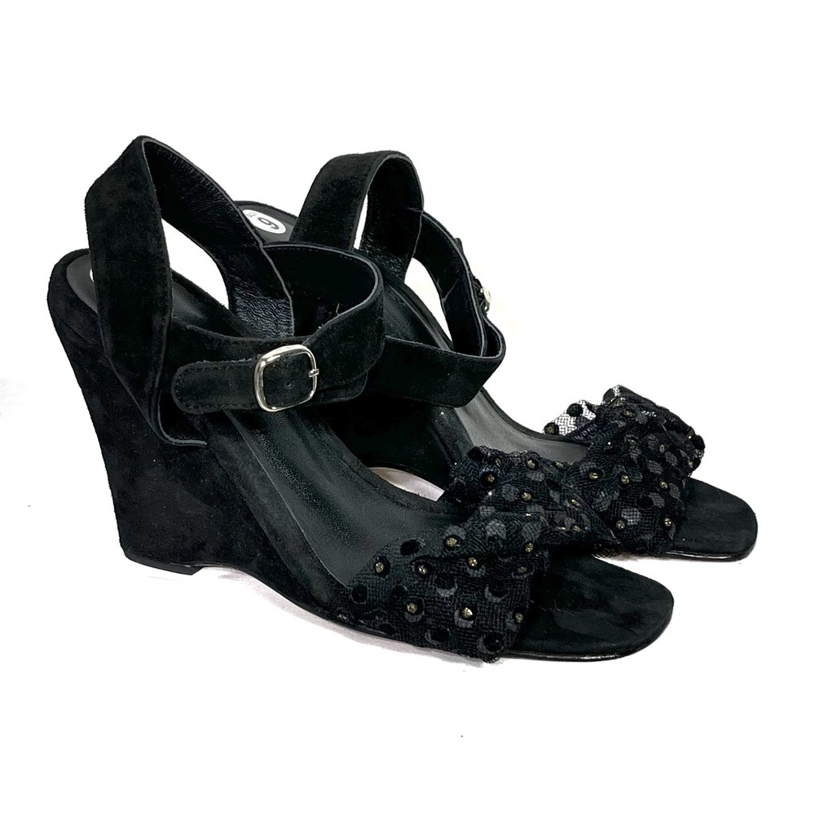 Rachel Comey Black Suede Sequin Mesh Wedge Sandal Sz 9 EUC