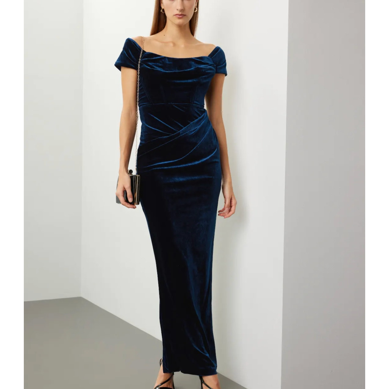 Line & Dot Blue Velvet Gown MEDIUM Off Shoulder Sheath Ruched Formal Chic 160