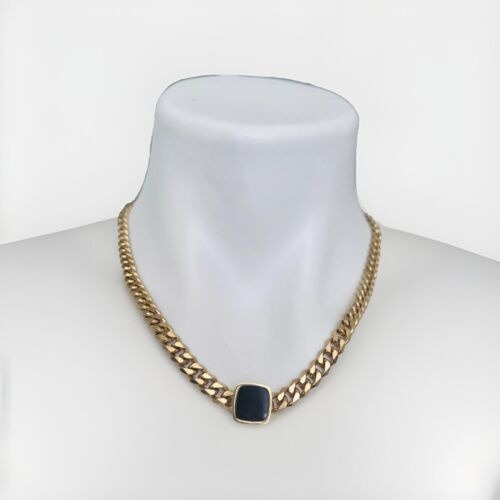 Gold Plated CHUNKY Cuban Chain NECKLACE Black Square stainless steel womens