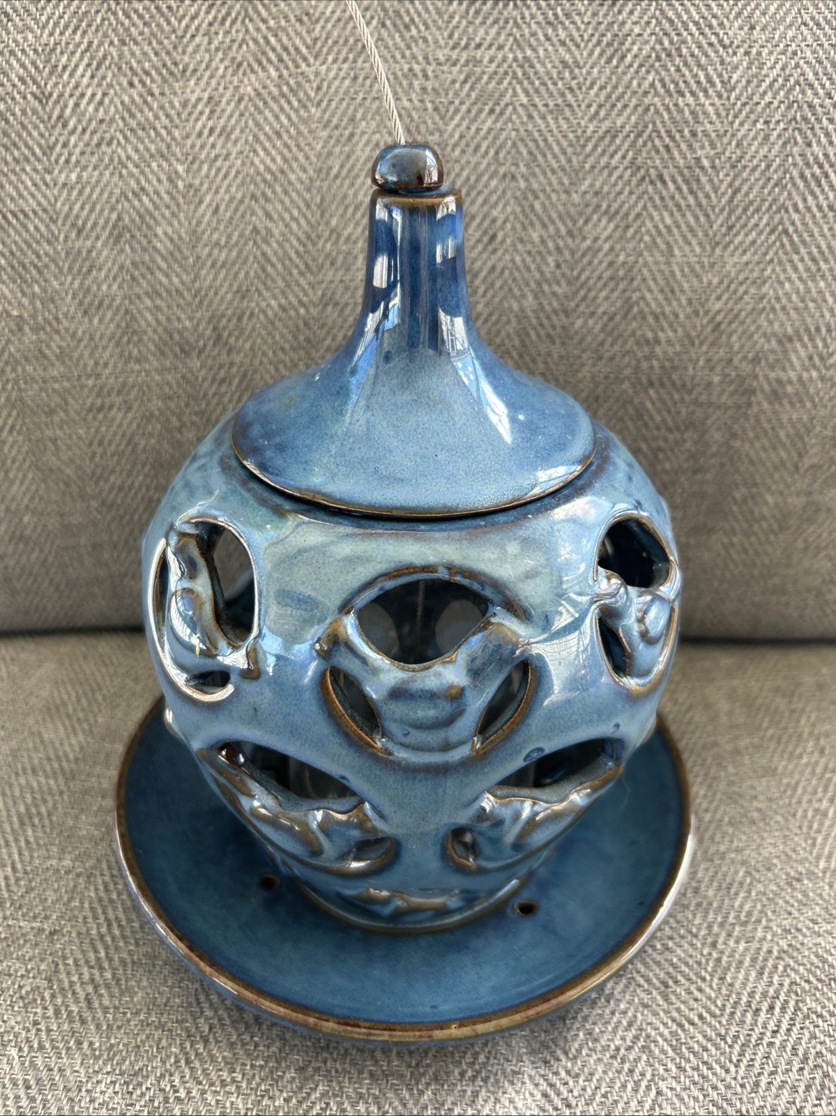Bird Feeder Blue Glazed Ceramic W/bird Cutout Design W/hanger Lovely Gift New