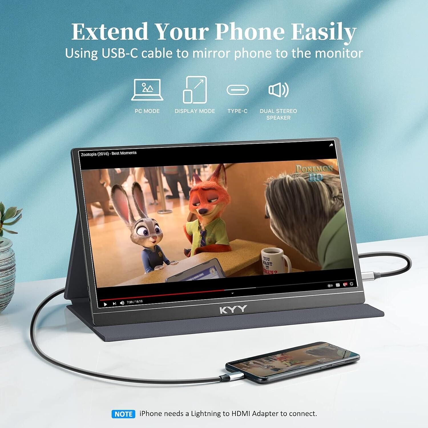 Portable Monitor - KYY 15.6inch 1080P FHD USB-C Laptop Monitor HDMI Computer