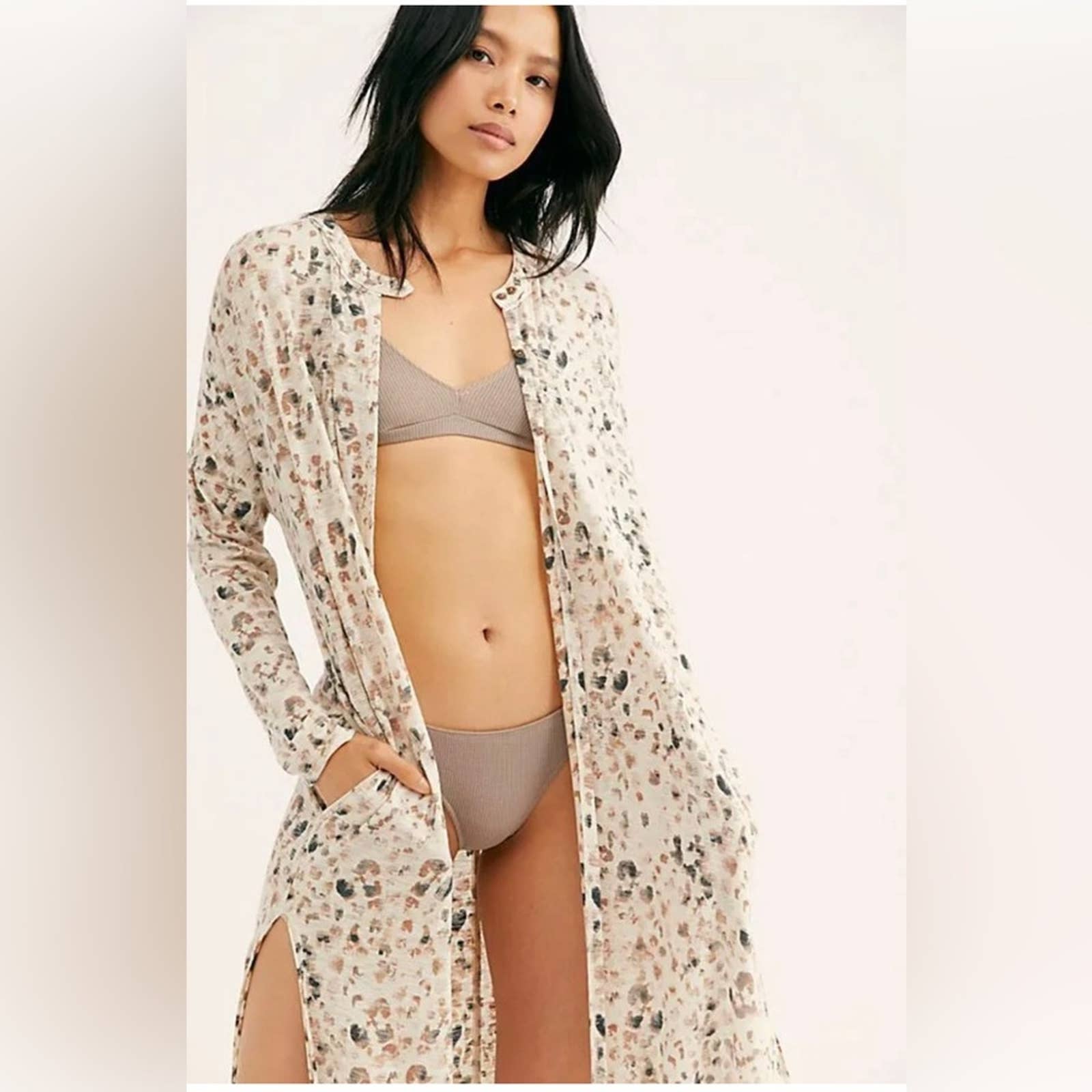 Free People Intimately Neutral Leopard Print Maxed Out Maxi Robe Dress Size XS