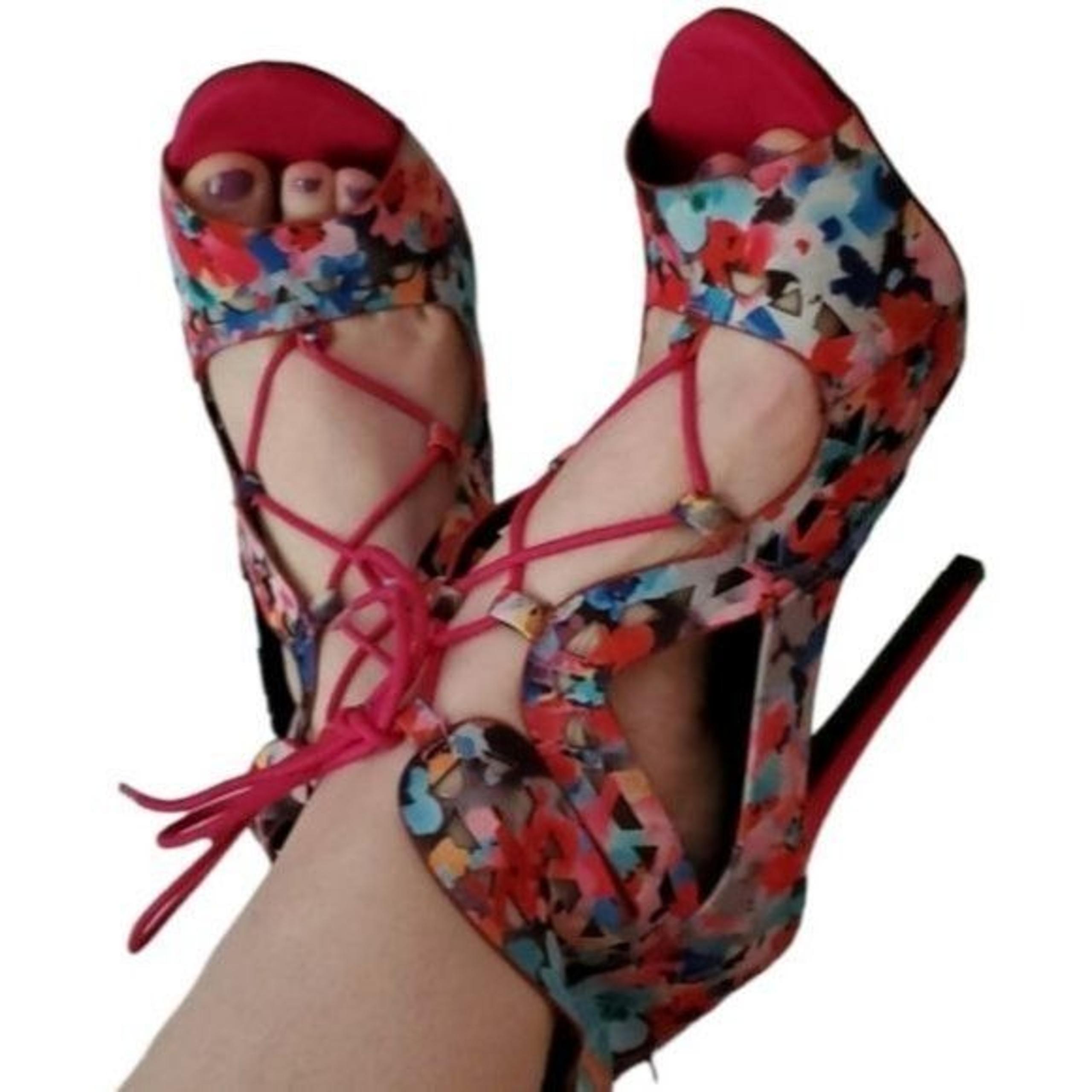 STILETTO HEELS PUMPS SHOES Pink Floral Peep Toe Lace Up Qupid Women's 10 WOMAN'S