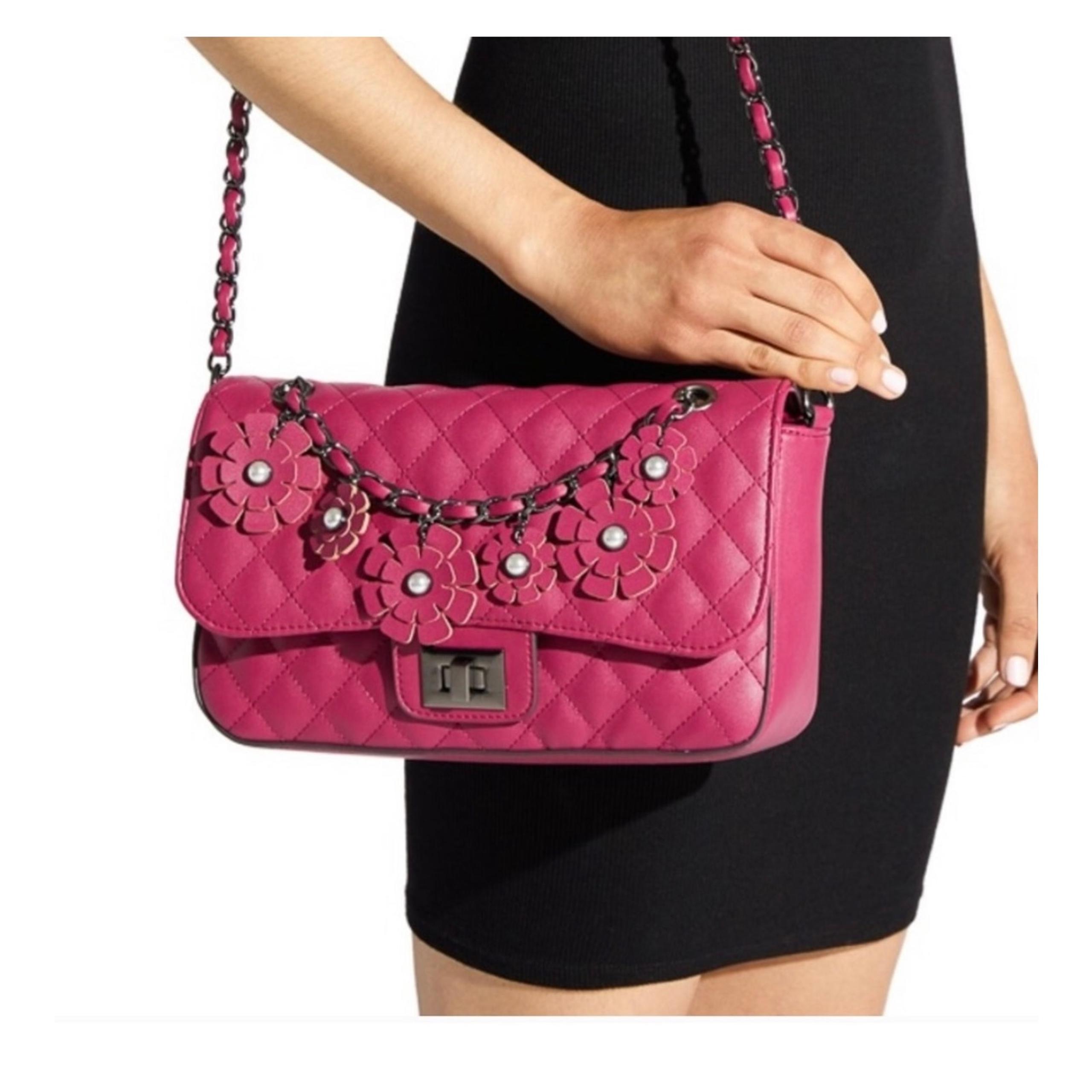 JustFab Women's Quilted Purse Crossbody Bag Flower Cutouts Detail Pink Leather