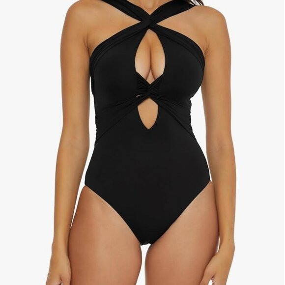 New! Becca Front Twist High Neck Color Code Tie Back Drape One Piece Swimsuit