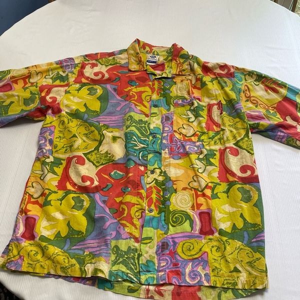 Gotcha VTG Hawaiian Floral Geometric Button Up Shirt Size XL