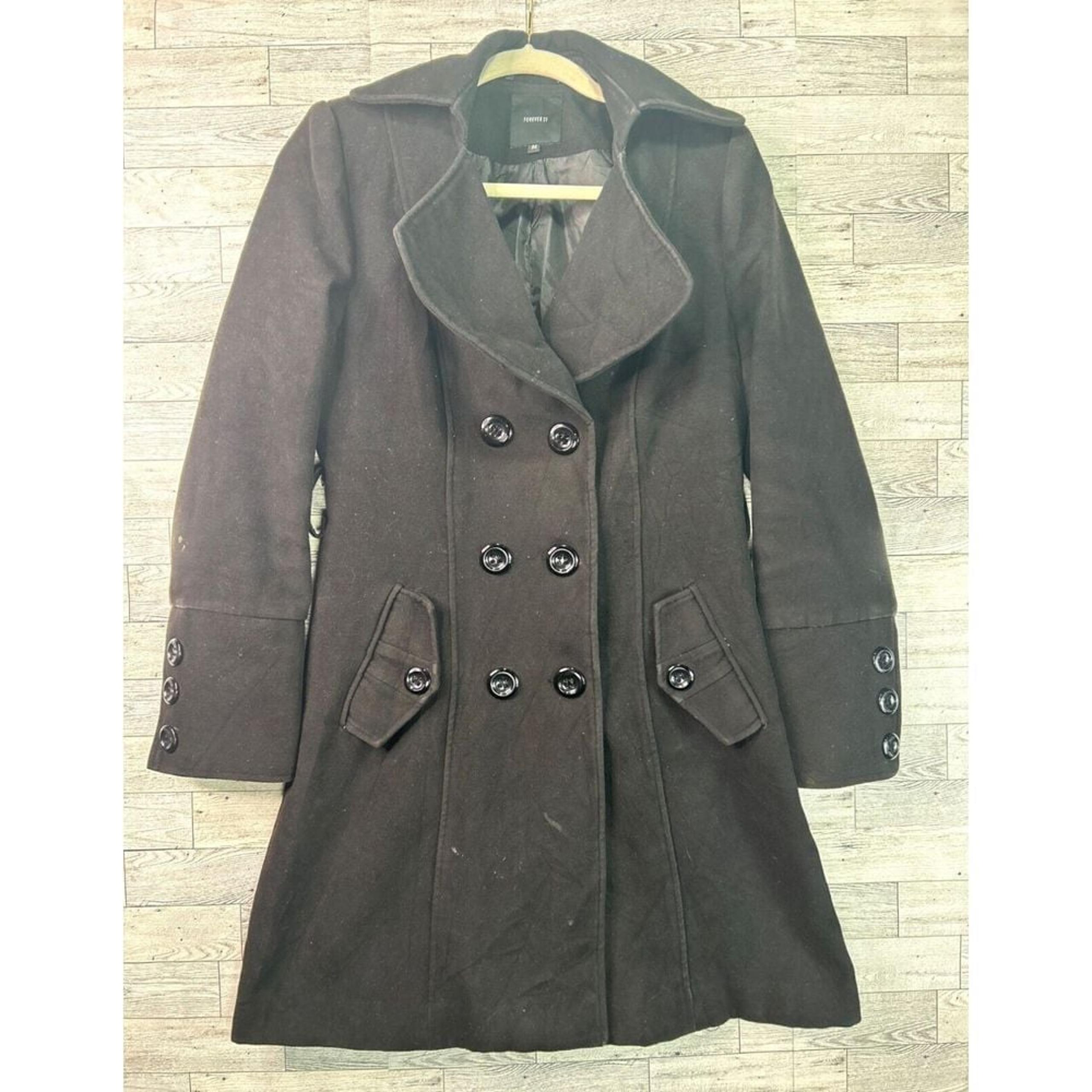 Forever 21 Women's Black Wool Blend Double-Breasted Peacoat with Button Accents