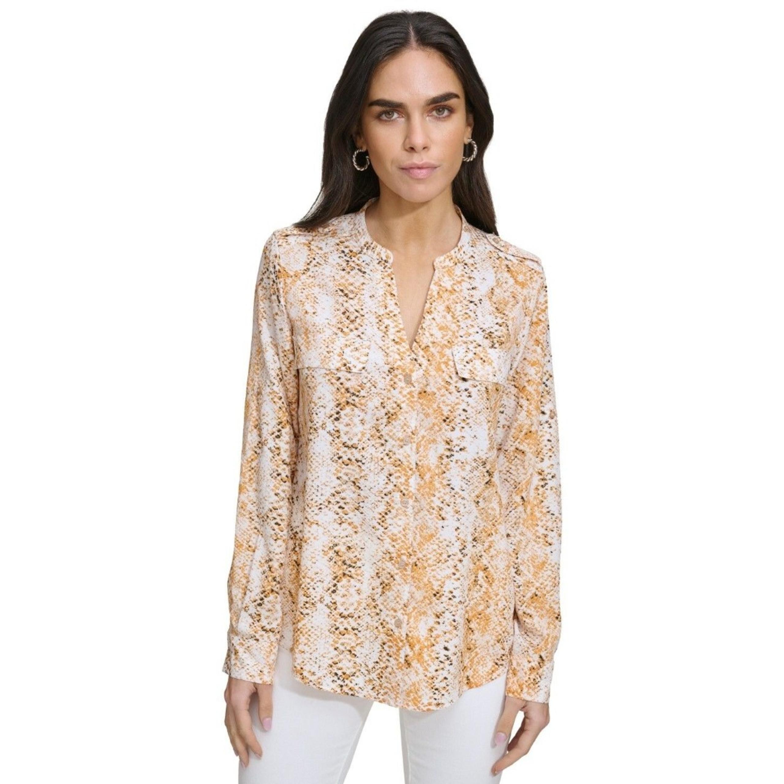 Calvin Klein Womens Printed Polyester Button-Down Top, Multi, S