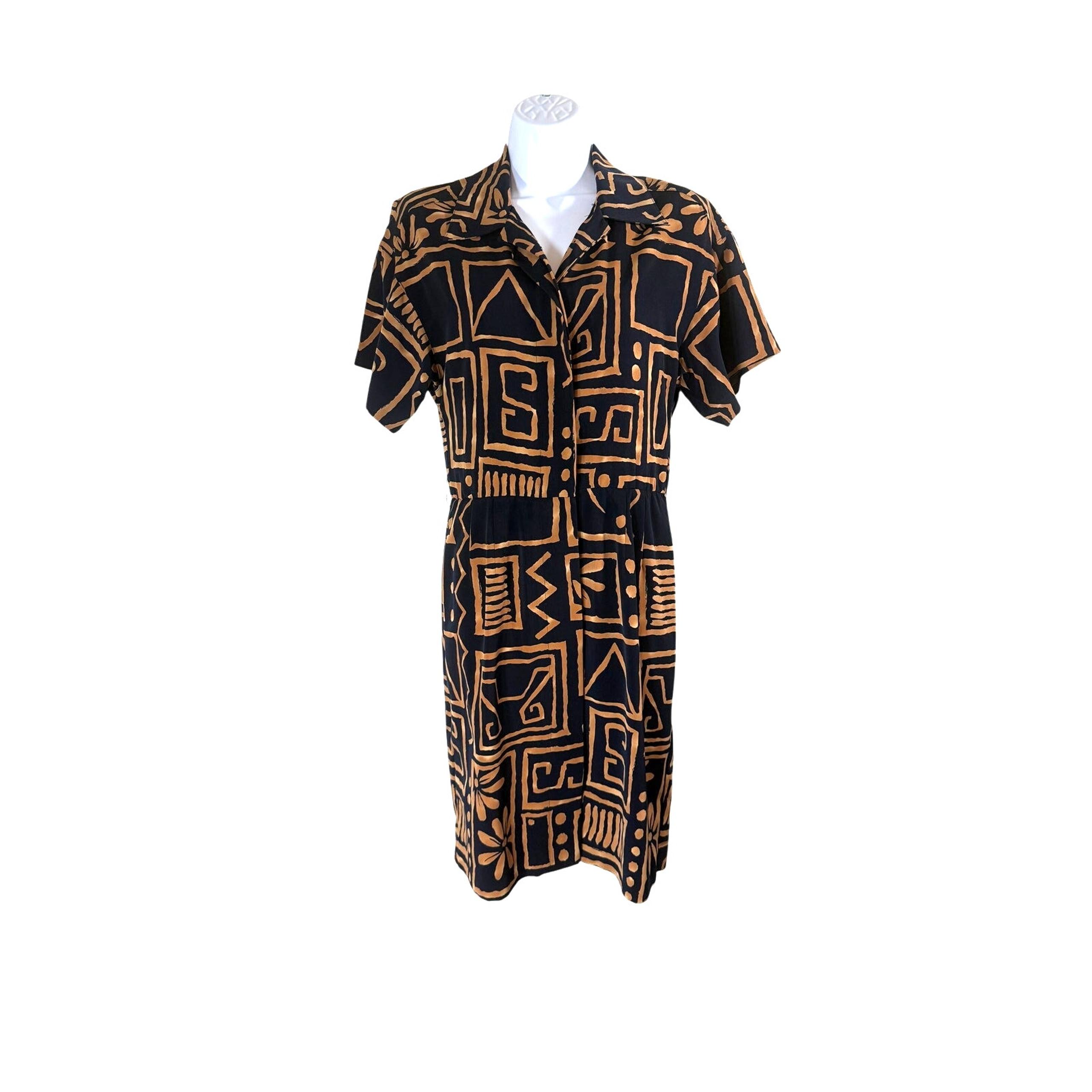 Vintage 80s 90s Jessica Howard Black and Ochre Tribal Print Dress