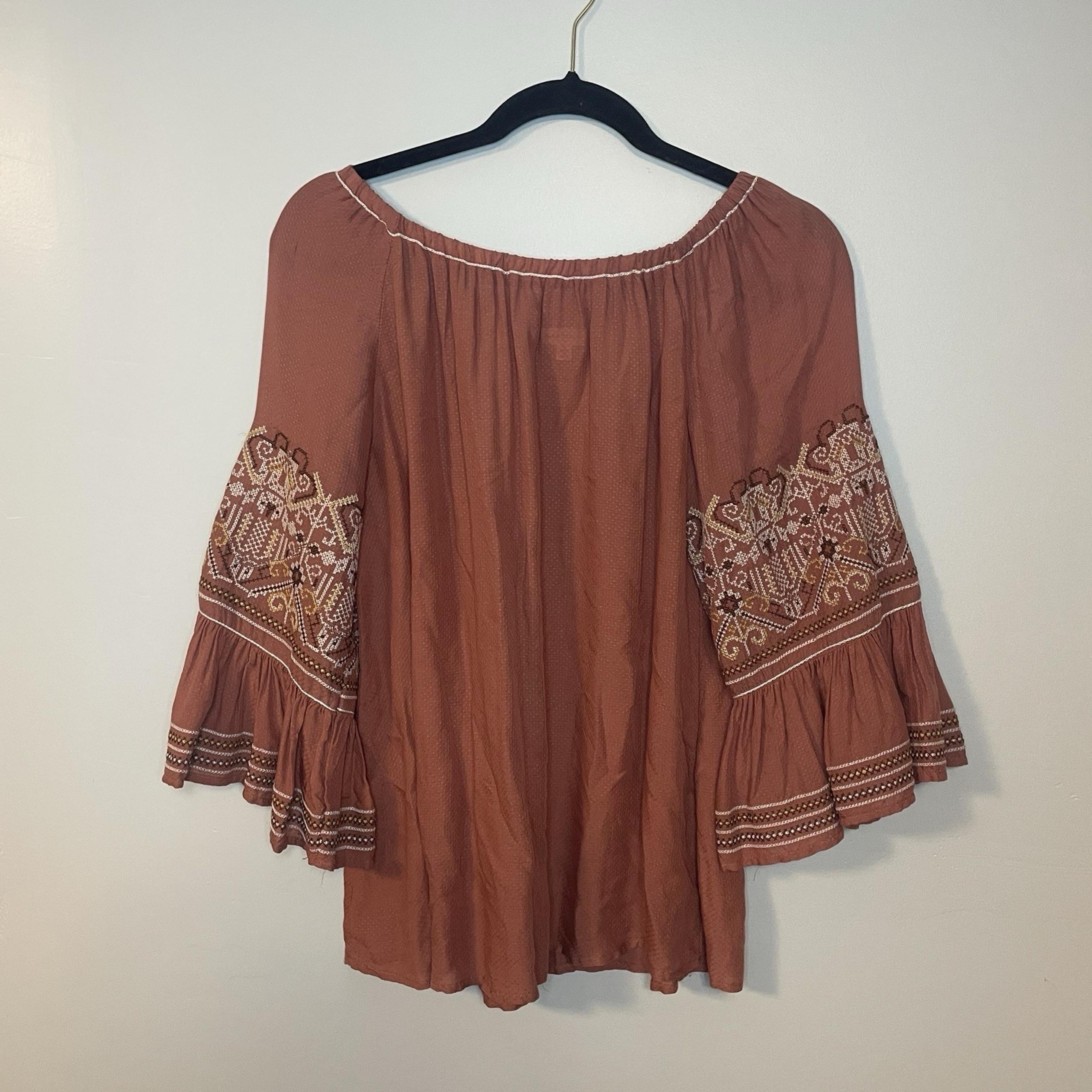 Max Studio Womens Embroidered Blouse Bell Sleeve Top Relaxed Tunic Brown Sz S