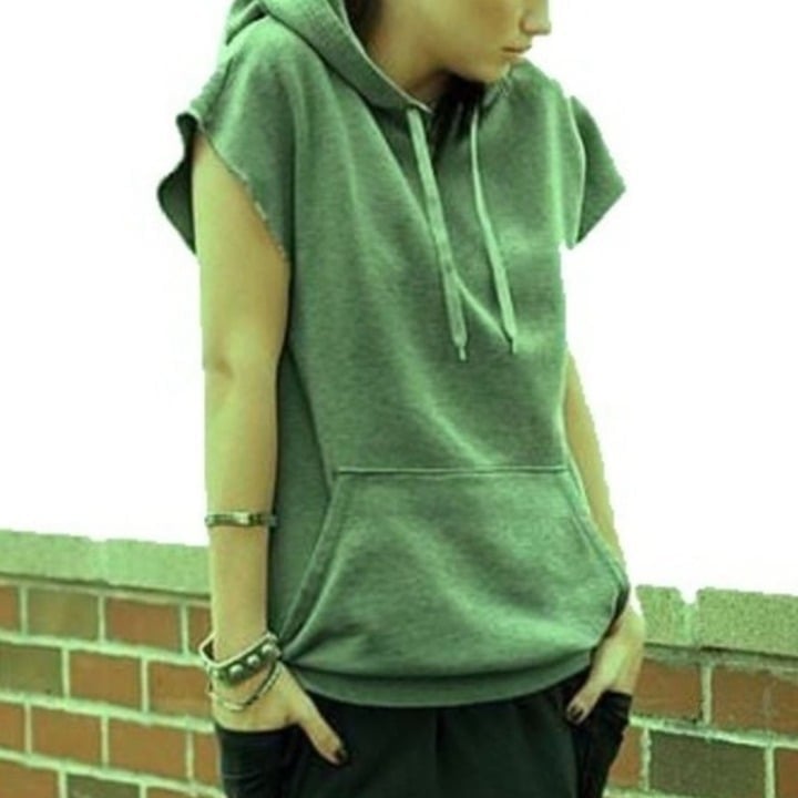 Sleeveless Shirt Hoodie Pockets Dark Green Small