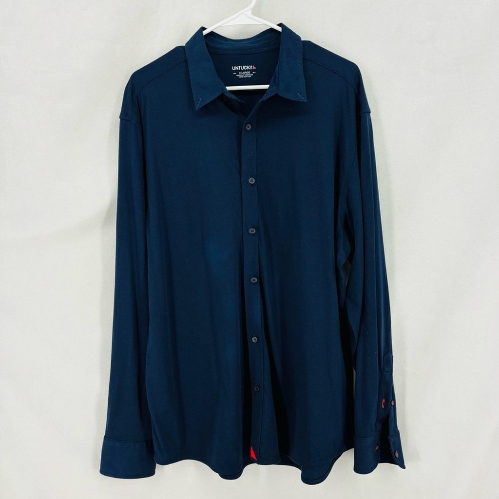 Untuckit Men’s XL Navy Blue Long Sleeve Button Down Shirt Wrinkle Free Cotton