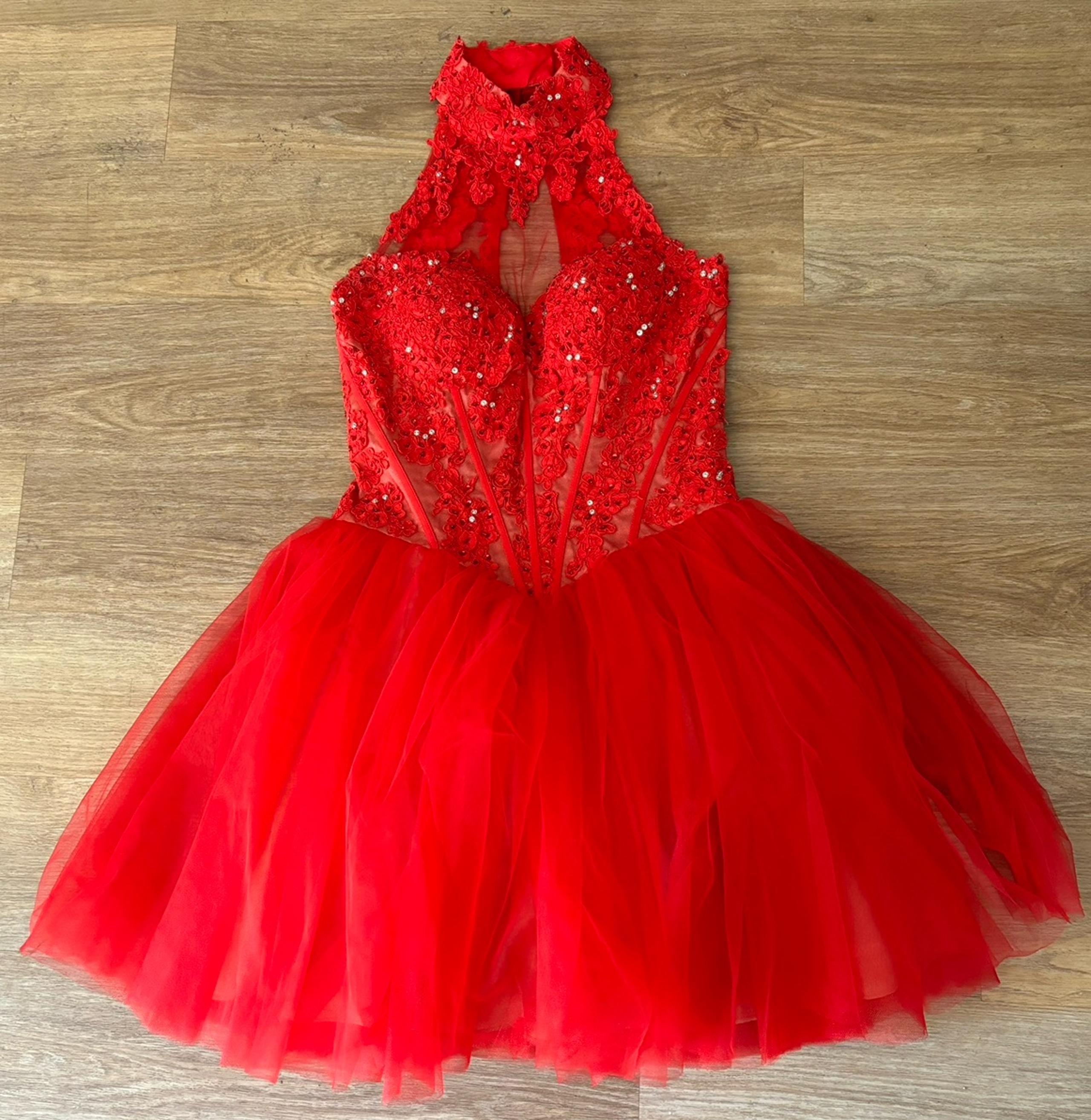 Sherri Hill Red Corset Mini Formal Evening Costume Halter Tutu Dress Size 6.