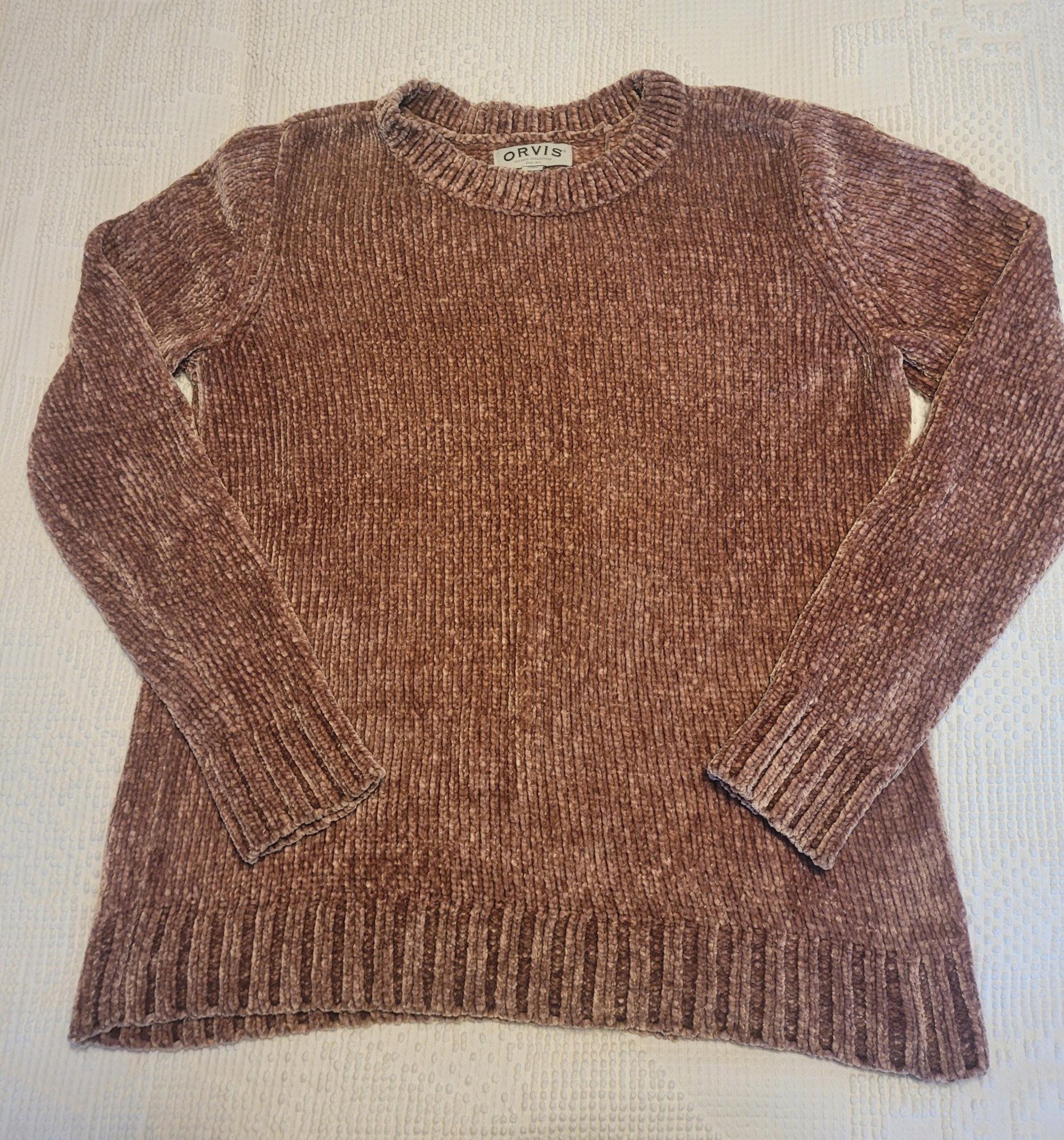 Orvis Womens Misty Rose Crew Neck Long Sleeve Ribbed Cuffs Chenille Sweater Larg
