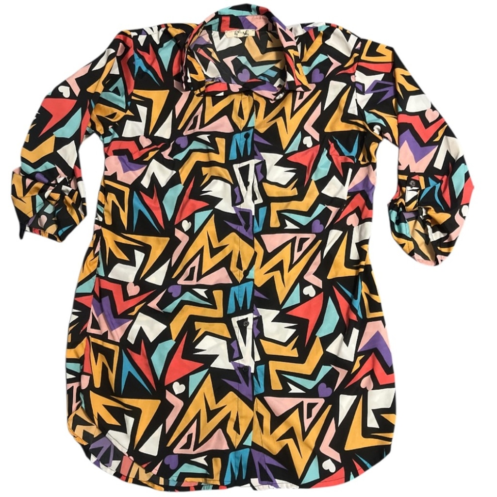 A Hint of Blush 1980s Inspired Pop Art 3/4 Sleeve Button Up Shirt Women 1XL NWOT