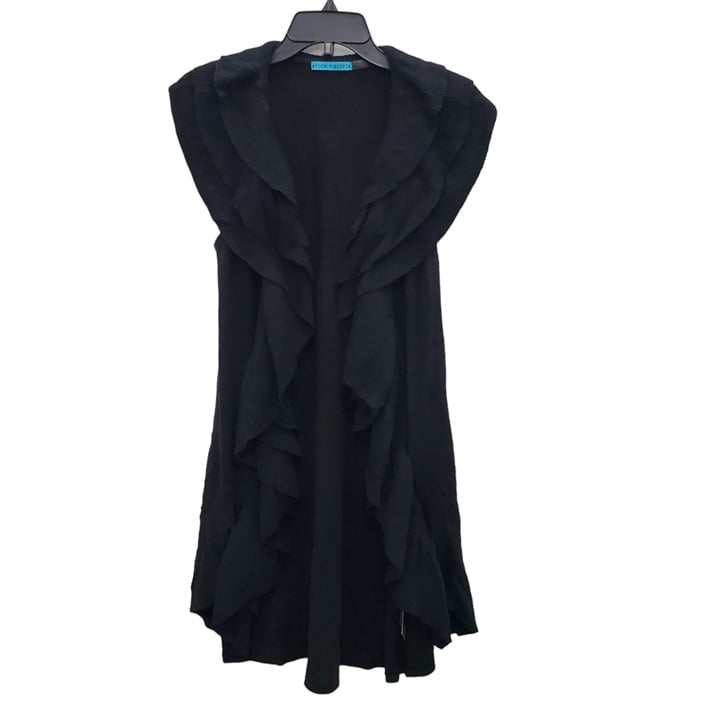 Alice + Olivia Women's Black Cashmere Angora Wool Blend Ruffle Front Duster Sz M
