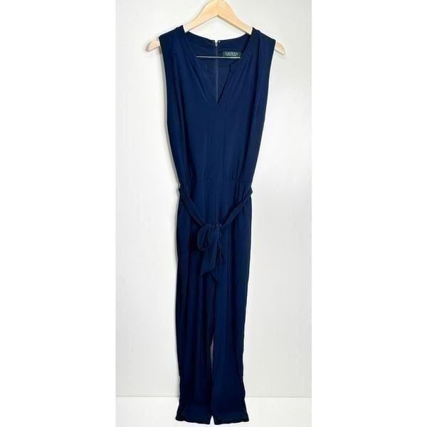 Lauren Ralph Lauren Jumpsuit Womens Large Navy Blue V-neck Tie Front