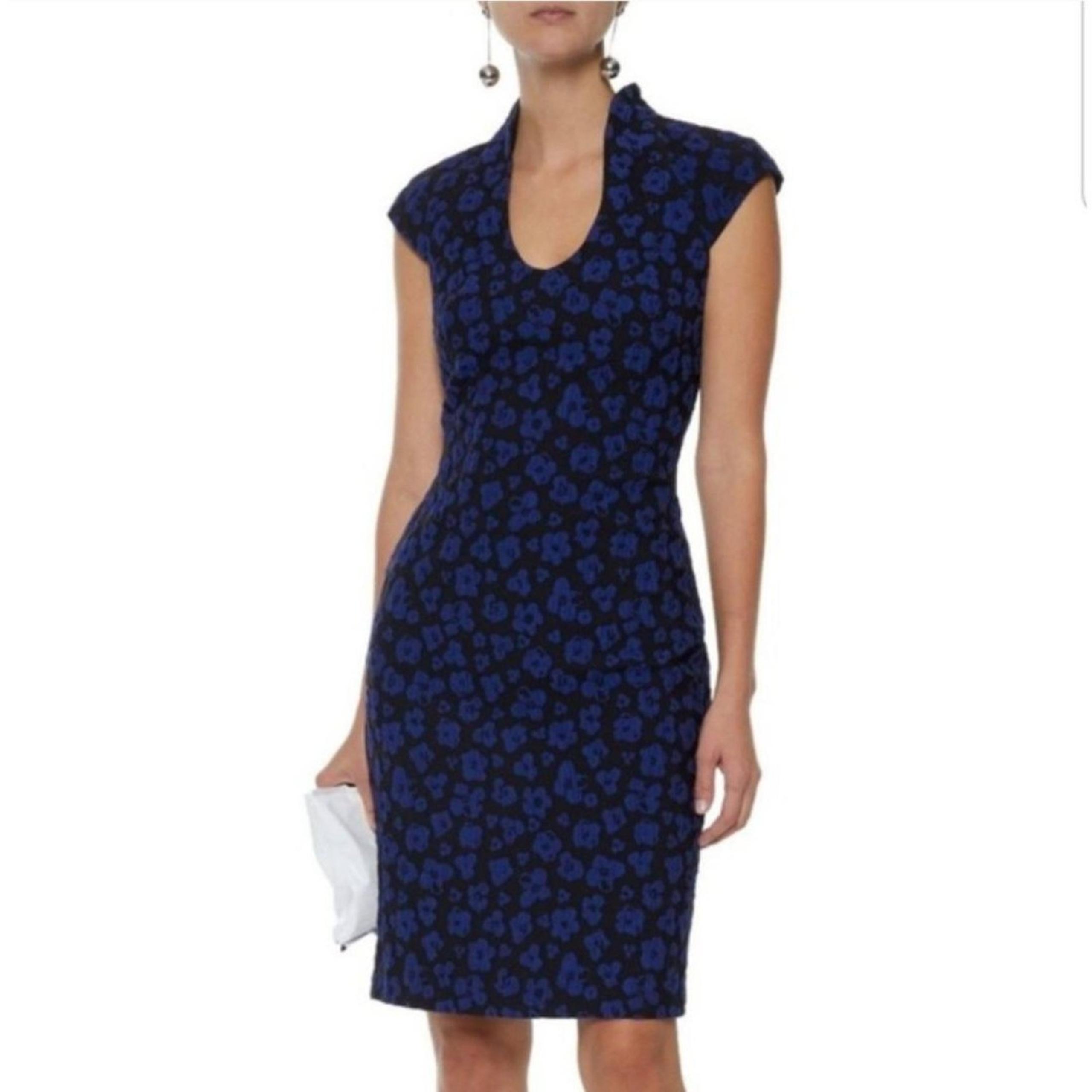 Badgley Mischka Blue & Black Floral Jacquard Cap Sleeve Sheath Dress, size 10
