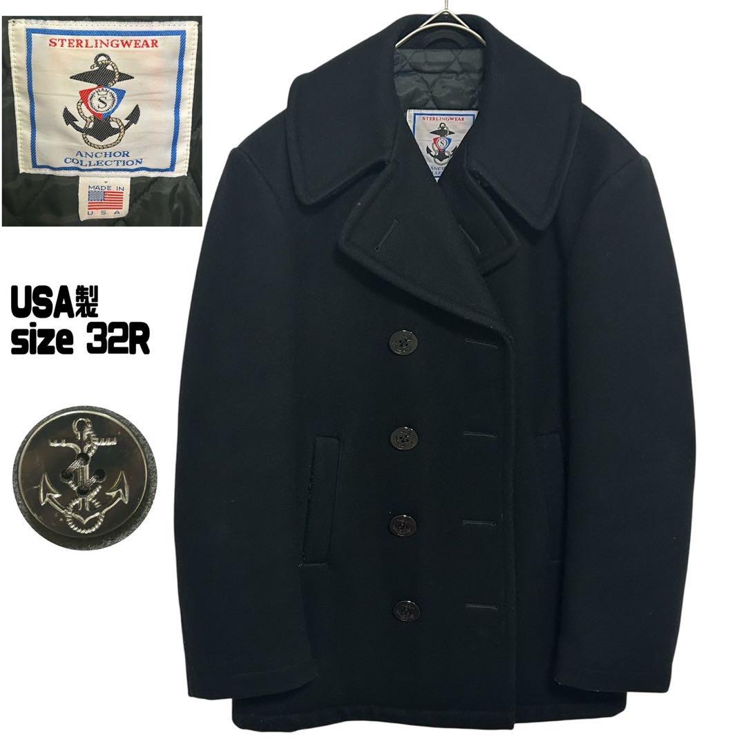 USA-made STERLINGWEAR P coat in black, anchor design, rare size 32R, very rare.
